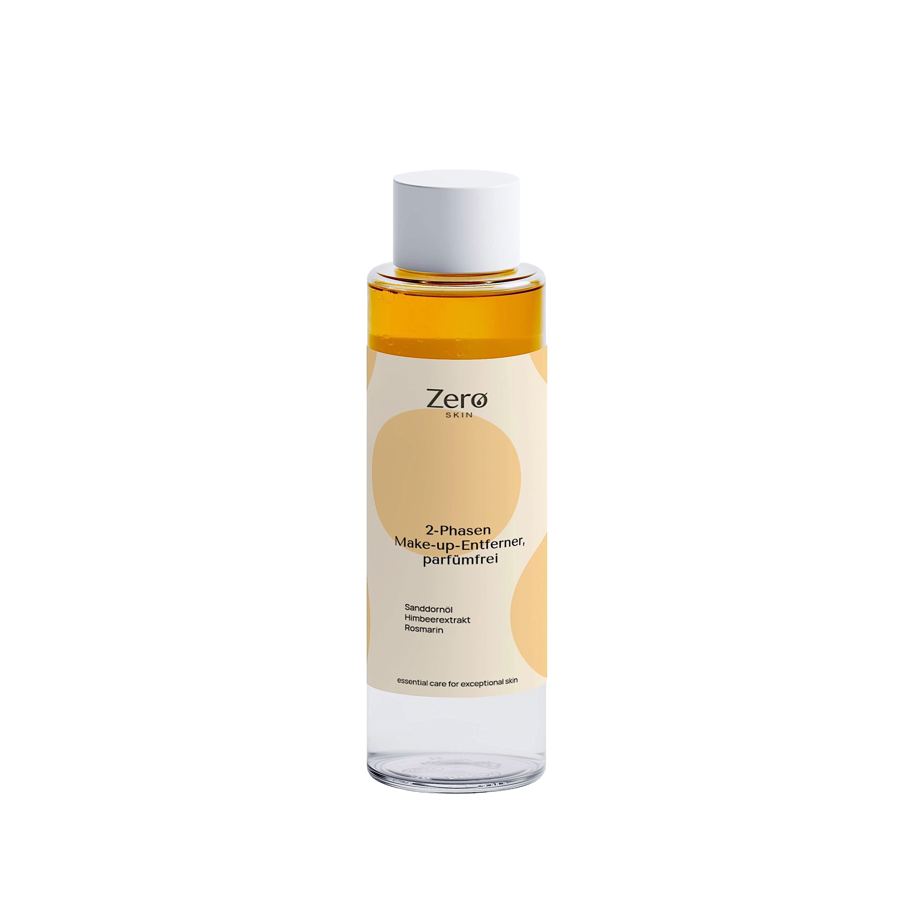 Zero Hautpflege 2-Phasen Make-up-Entferner in klarer Flasche mit weißem Deckel.