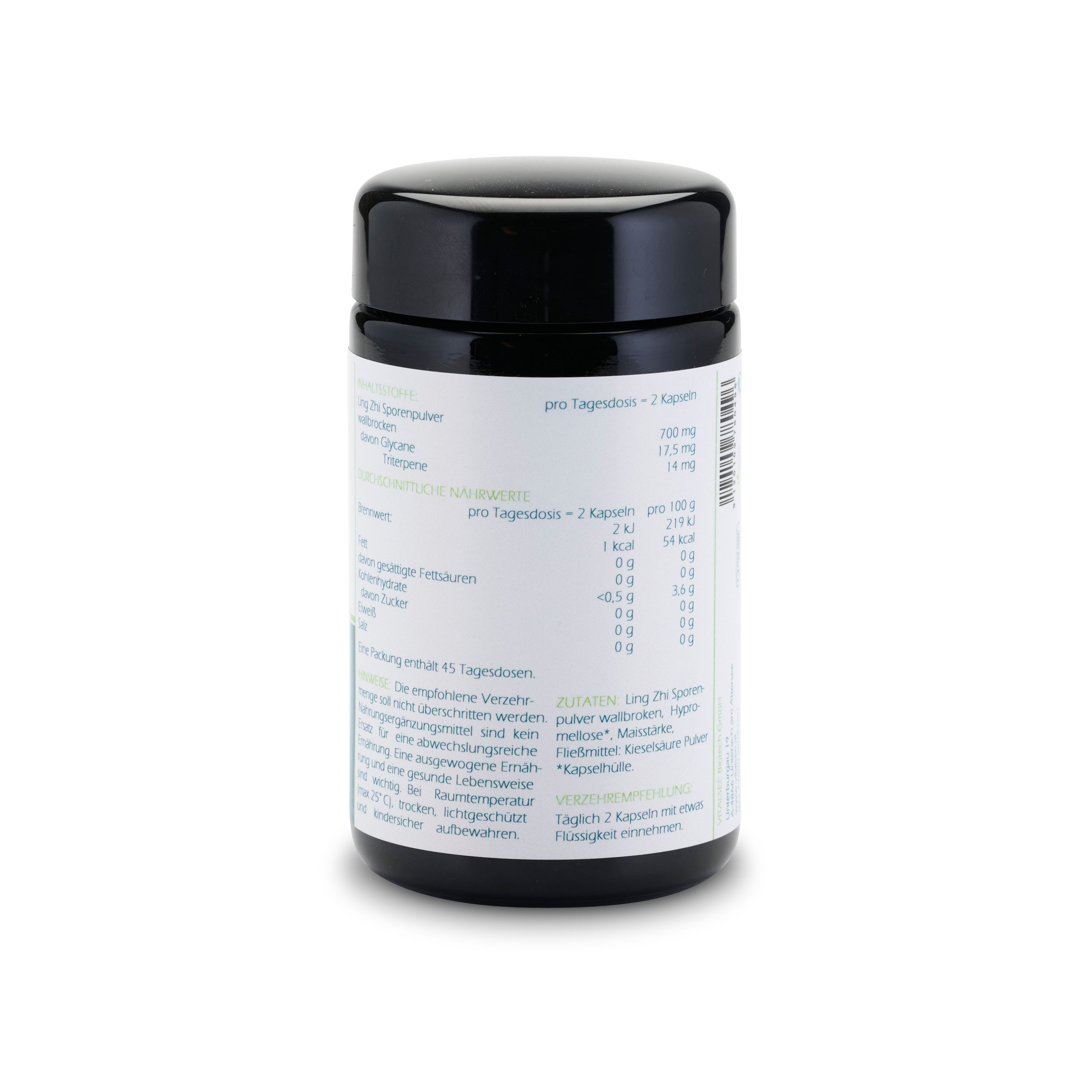 Rückseite der Dose. Enthält Informationen zu Inhaltsstoffen und Nährwerten. Text in deutscher Sprache. Schwarzer Deckel.