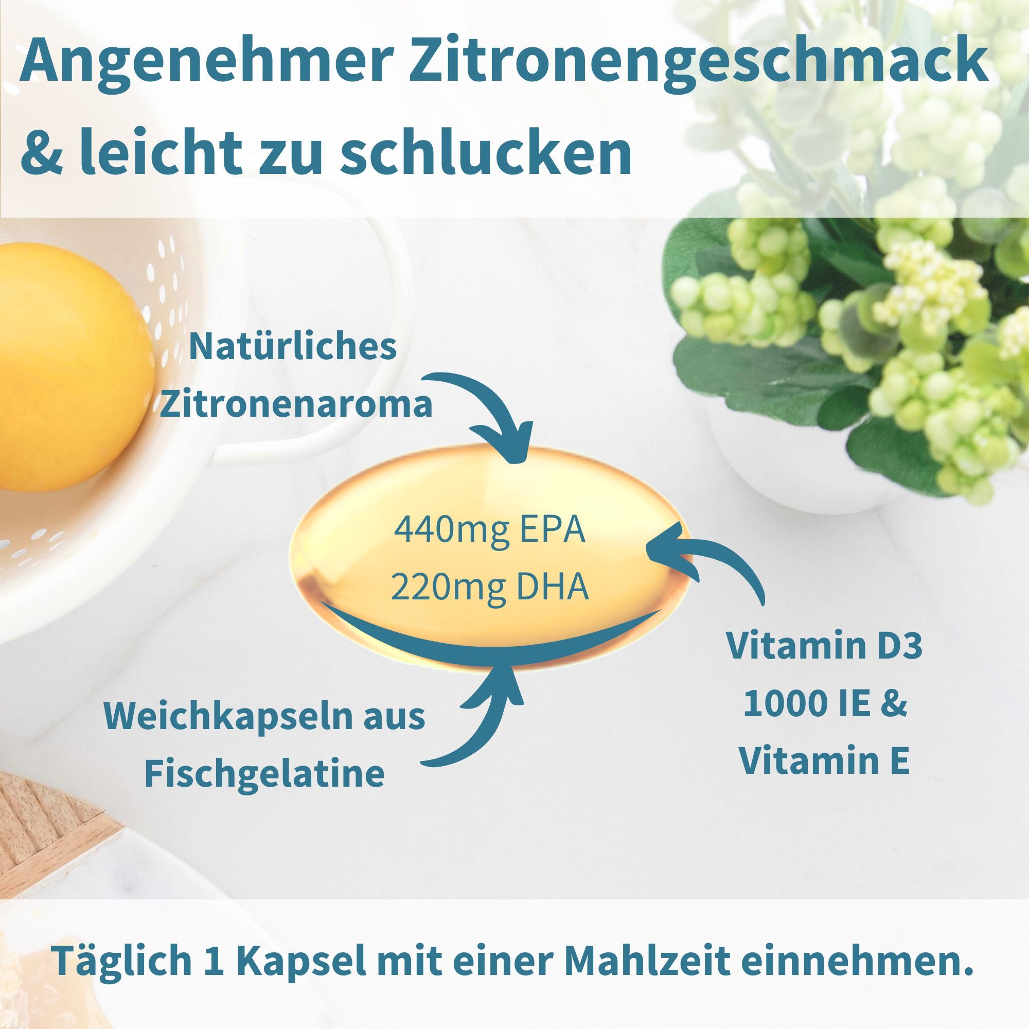 Omega-3 Kapsel mit Zitrone, Vitamin D3, EPA, DHA und Vitamin E. Leicht zu schlucken.