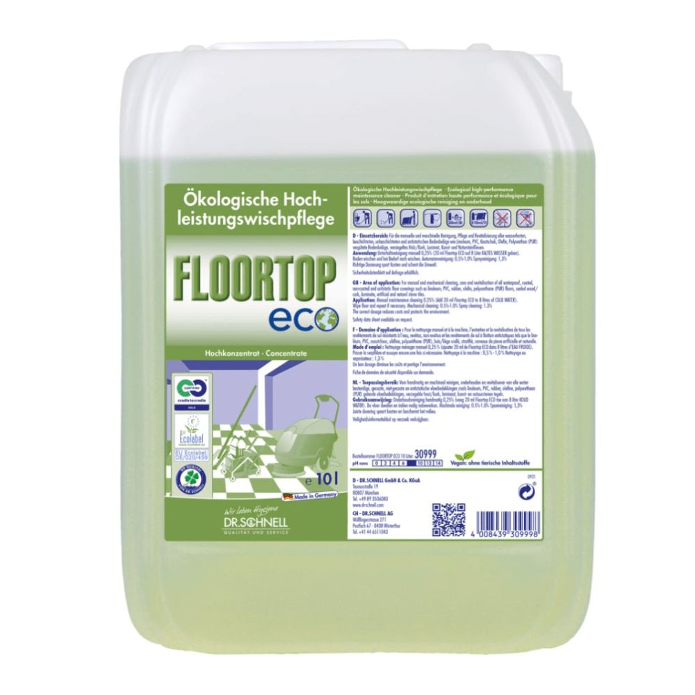 Rechteckiger Kanister mit grüner Flüssigkeit. Aufschrift FLOORTOP eco, 10l. Ökologische Hochleistungswischpflege. Logos und Zertifizierungen.