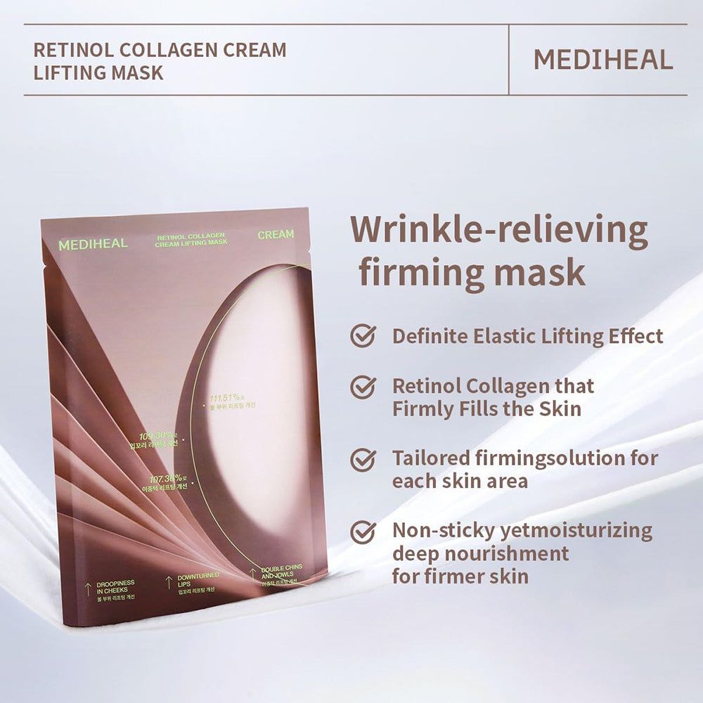 Verpackung der MEDIHEAL Retinol Collagen Cream Lifting Maske. Text: "Wrinkle-relieving firming mask".