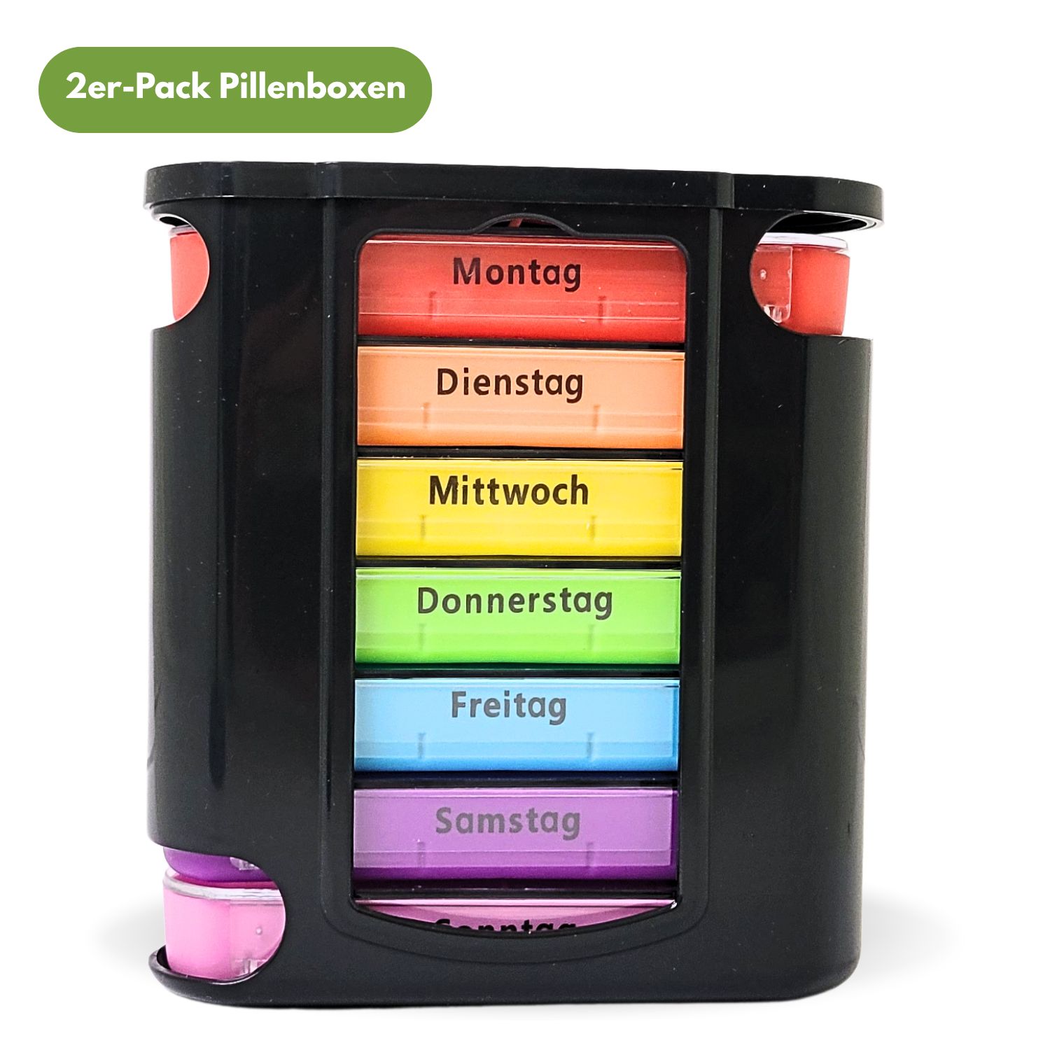 7-Tage-Pillenbox mit farblich markierten Fächern für jeden Tag.