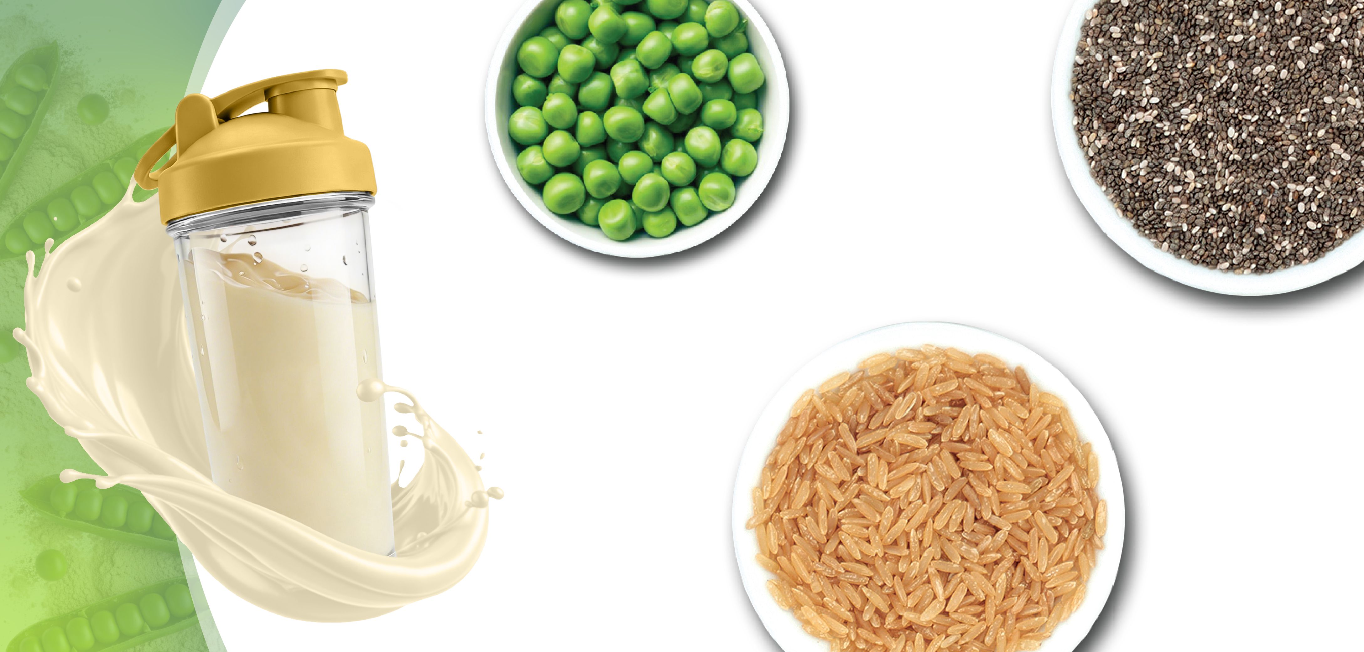 Ein Proteinshake-Behälter mit verschüttetem Shake, daneben Schüsseln mit Erbsen, Chiasamen und Reis.