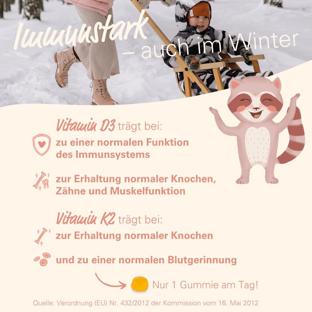 Flasche wowtamins Vitamin D3 Gummis. Vitamin D3 unterstützt Immunsystem, K2 normale Knochen. 1 Gummie/Tag.