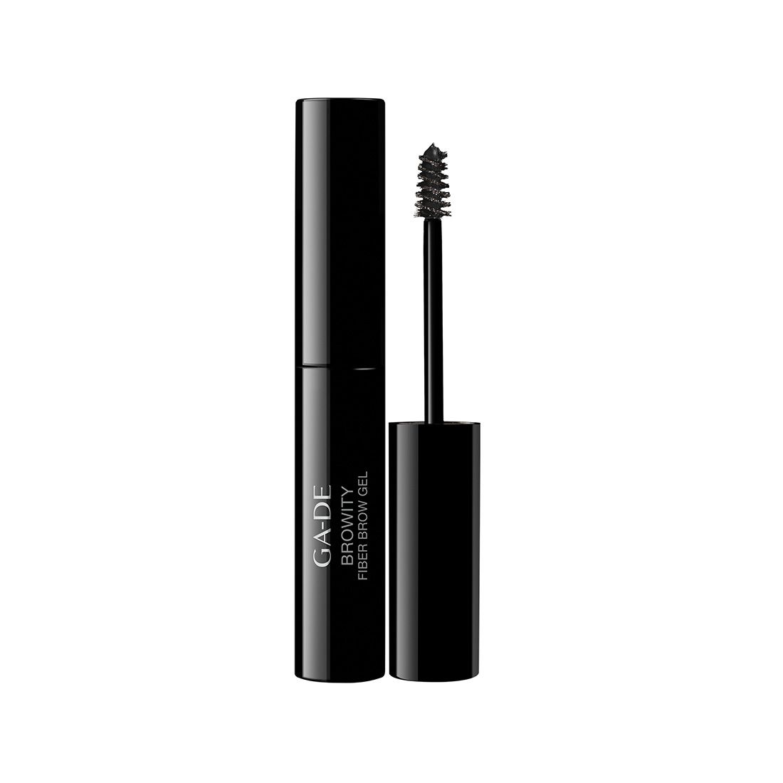 Schwarze Tube mit Bürste. Aufschrift: GA-DE BROWITY Fiber Brow Gel.