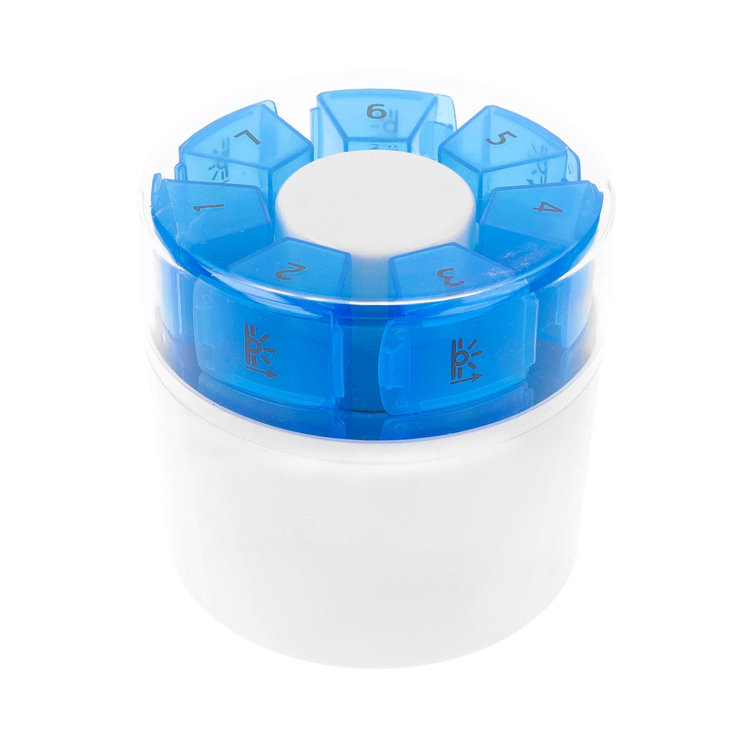 Weiße Tablettenbox mit transparentem Deckel. Blaue, nummerierte Tageskassetten sind sichtbar. Das Design ist rund.