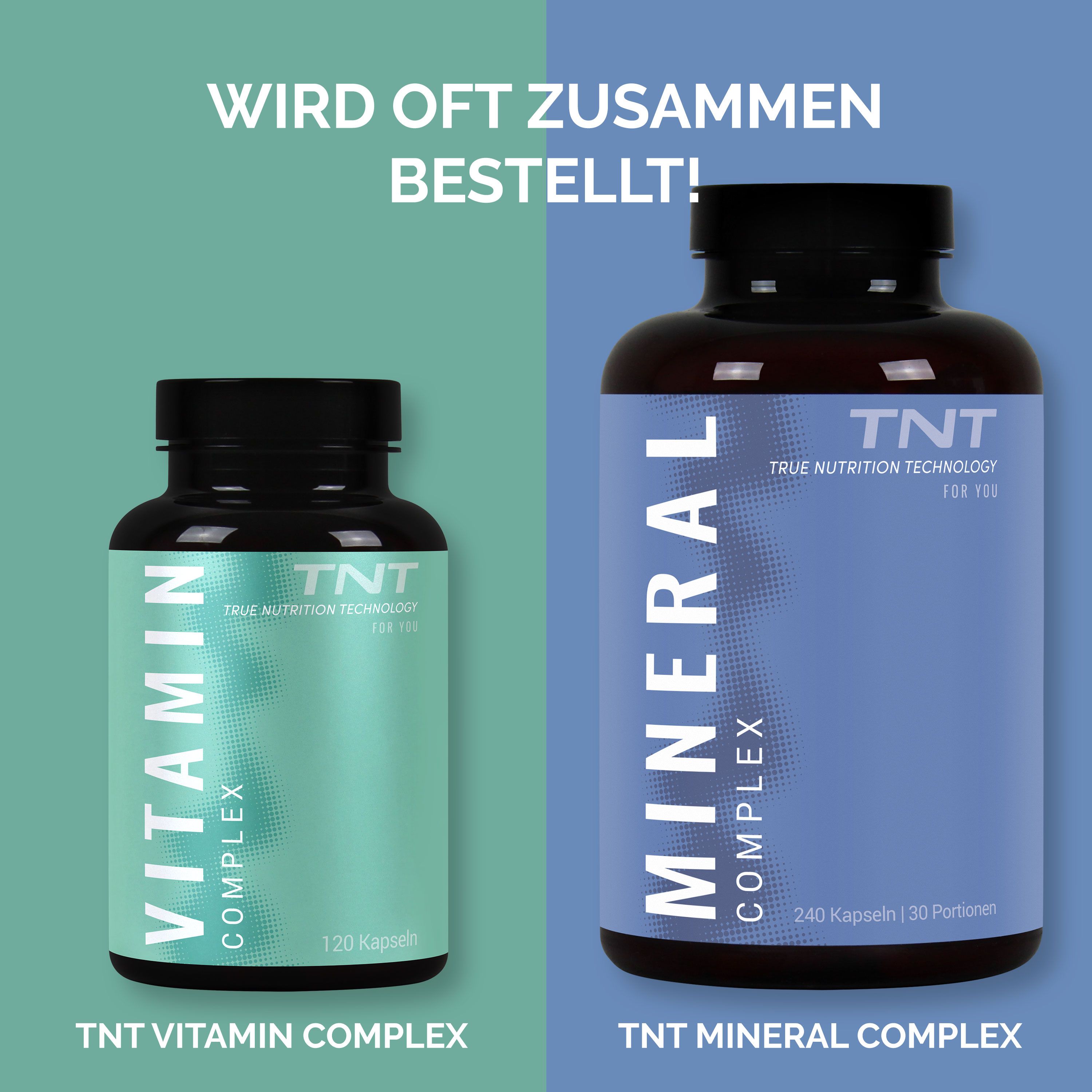 Zwei Flaschen: Vitamin Complex und Mineral Complex. Aufschrift: TNT, Vitamin Complex, 120 Kapseln. Mineral Complex: 240 Kapseln.