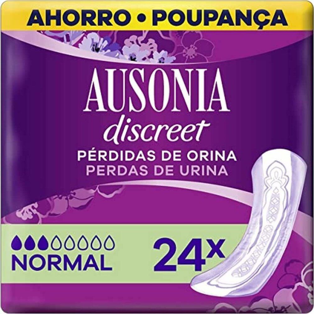 Ausonia Discreet Normal Packung. 24 Stück. Lila Verpackung mit Produktabbildung und Text. Für Urinverlust.