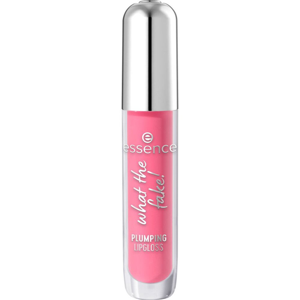Lipgloss mit silberner Kappe. Rosa Inhalt. Schriftzug: Essence, What the Fake!, Plumping Lipgloss.