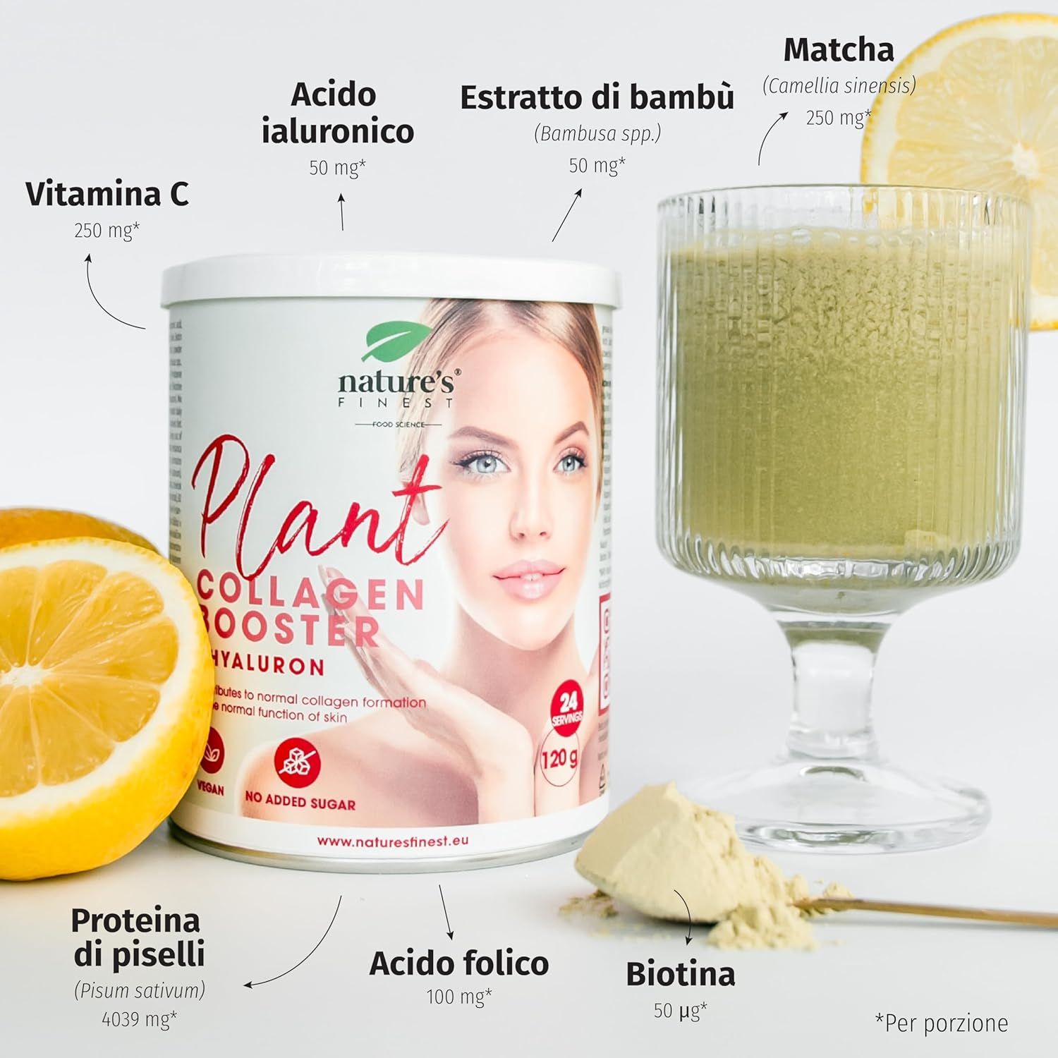 Dose Plant Collagen, Glas mit Getränk, Zitrone, Pulver auf Löffel. Inhaltsstoffe mit Mengen.