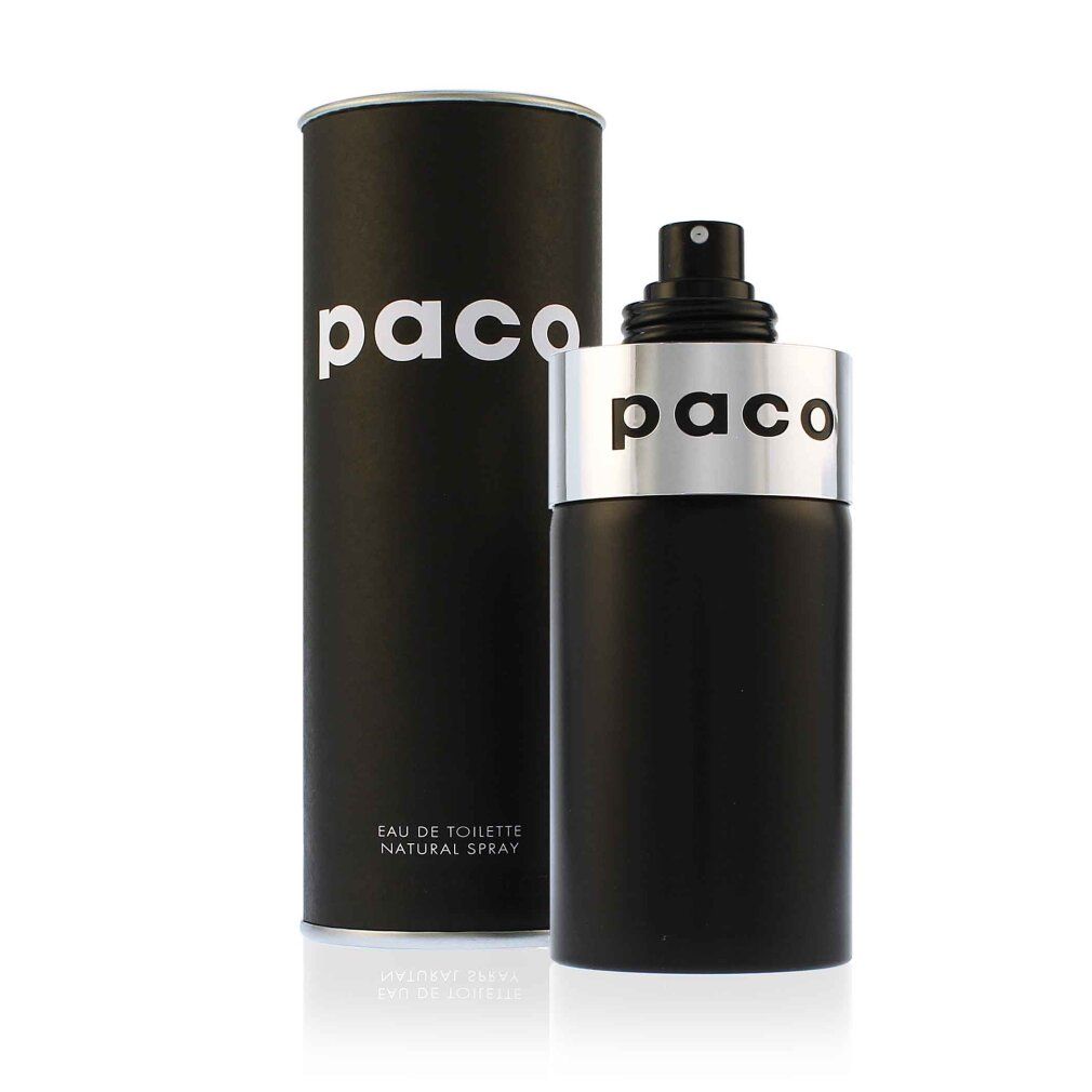 Schwarze Flasche und zylindrische Verpackung mit weißem "paco"-Schriftzug. Aufschrift: Eau de Toilette, 100 ml.