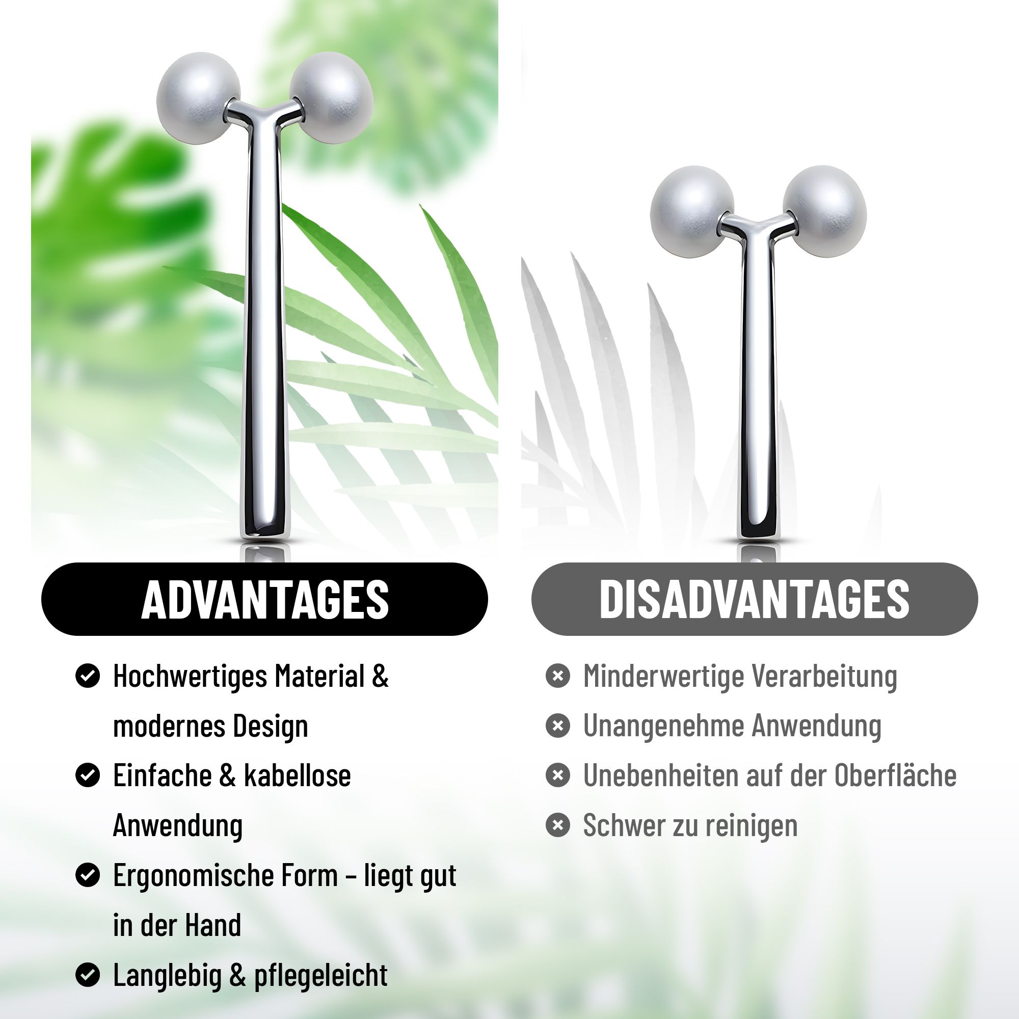 Gesichtsmassagegerät mit zwei Kugeln und Griff. Text: Vorteile und Nachteile. Hochwertiges Material, ergonomisch, langlebig.