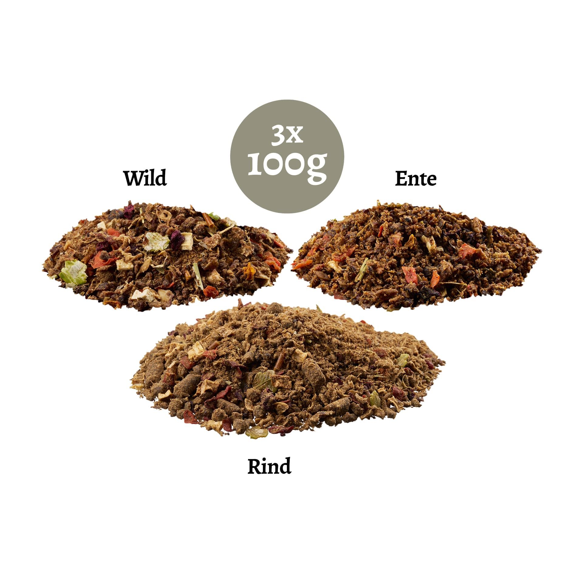 Leo Barf Trockenbarf Probierpaket Mix Rind, Wild, Ente mit Obst und Gemüse