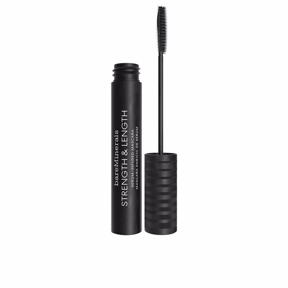 Schwarze Mascara-Tube mit geöffnetem Deckel. Aufschrift: BareMinerals, Strength & Length. Mascara-Bürste ist sichtbar.