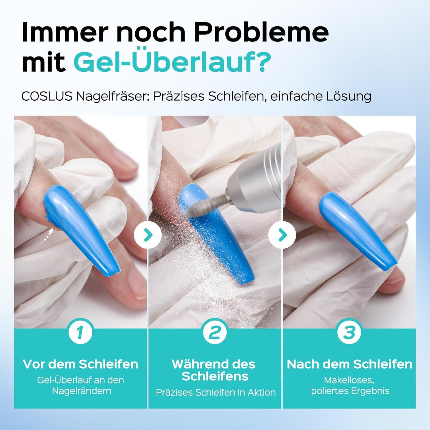 Schleifen von Gel-Überlauf an Nägeln: Vorher, währenddessen und nachher mit poliertem Ergebnis.