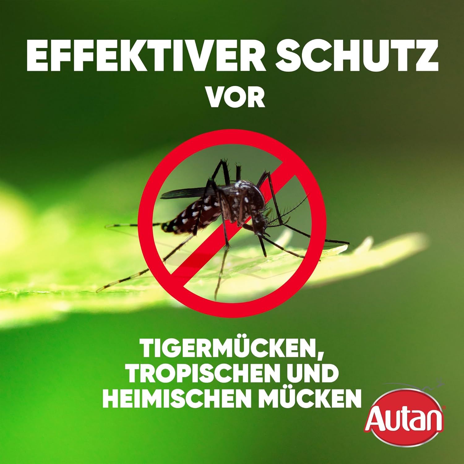Grüner Hintergrund mit Text: Effektiver Schutz vor Tigermücken, tropischen und heimischen Mücken. Autan Logo.