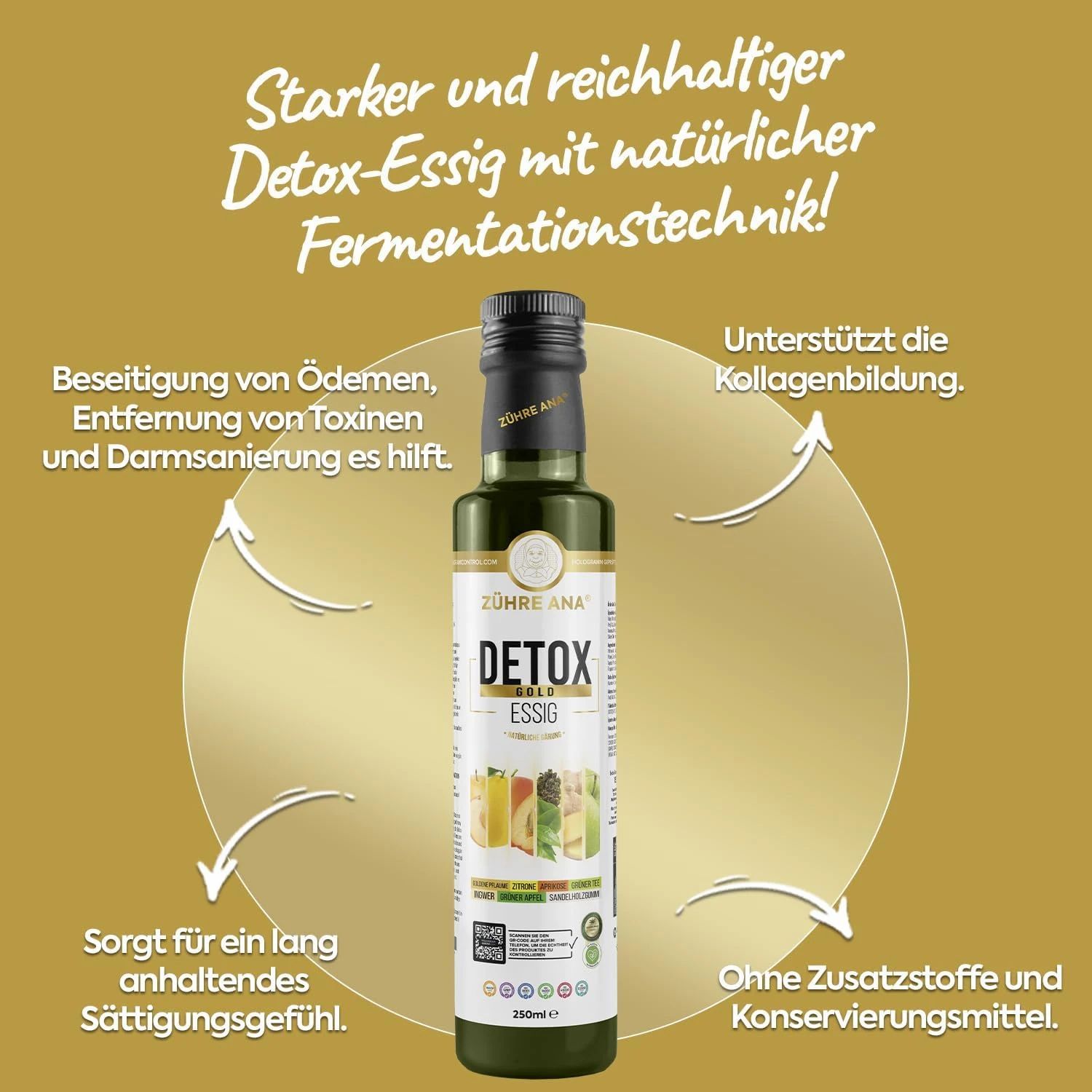 Grüne Flasche mit schwarzem Deckel. Aufschrift: Zühre Ana D-Tox Gold Essig. Text: Starker Detox-Essig. Pfeile und Text.