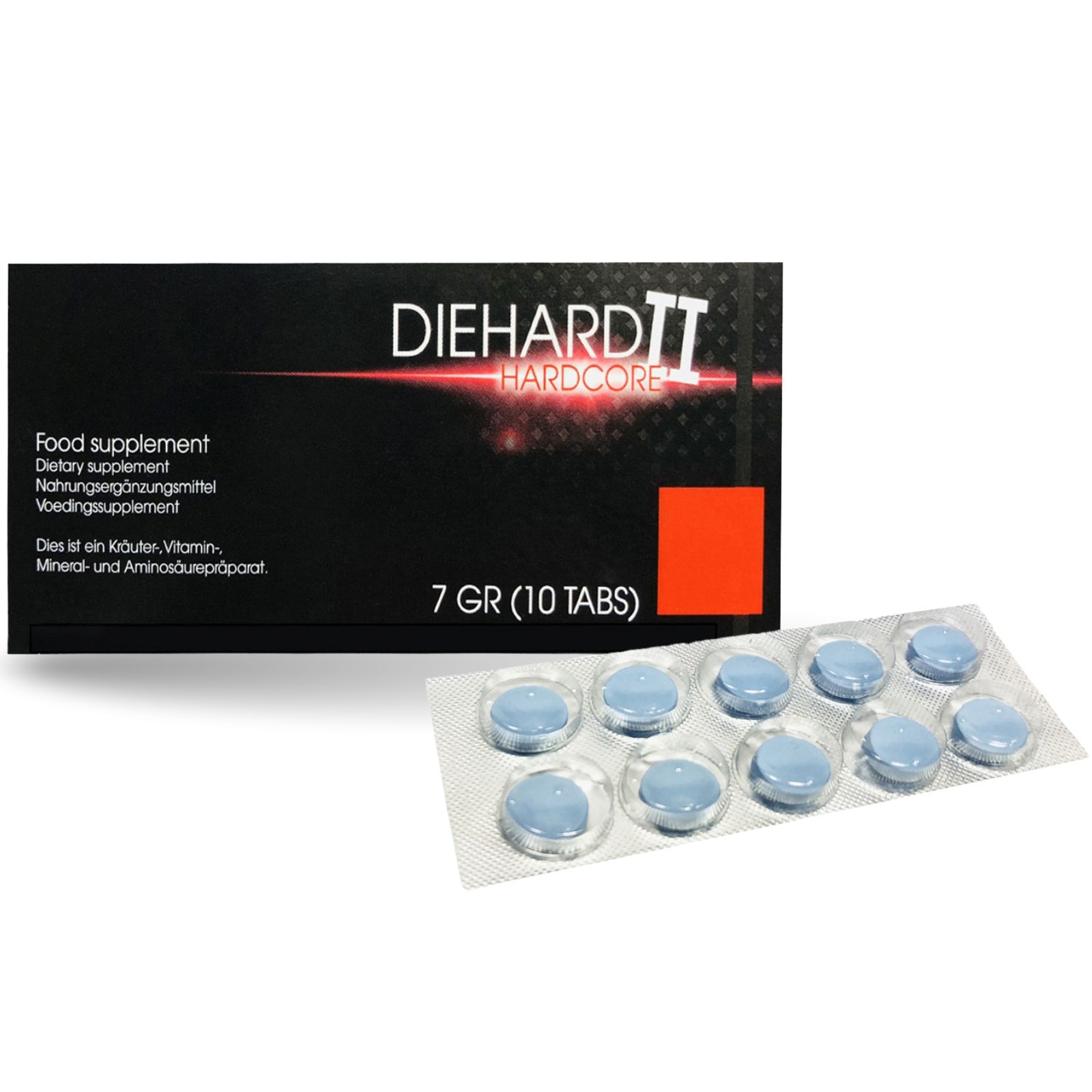 Blisterpackung mit blauen Tabletten und Produktverpackung. Aufschrift: DIEHARD II HARDCORE, 7 GR (10 TABS).