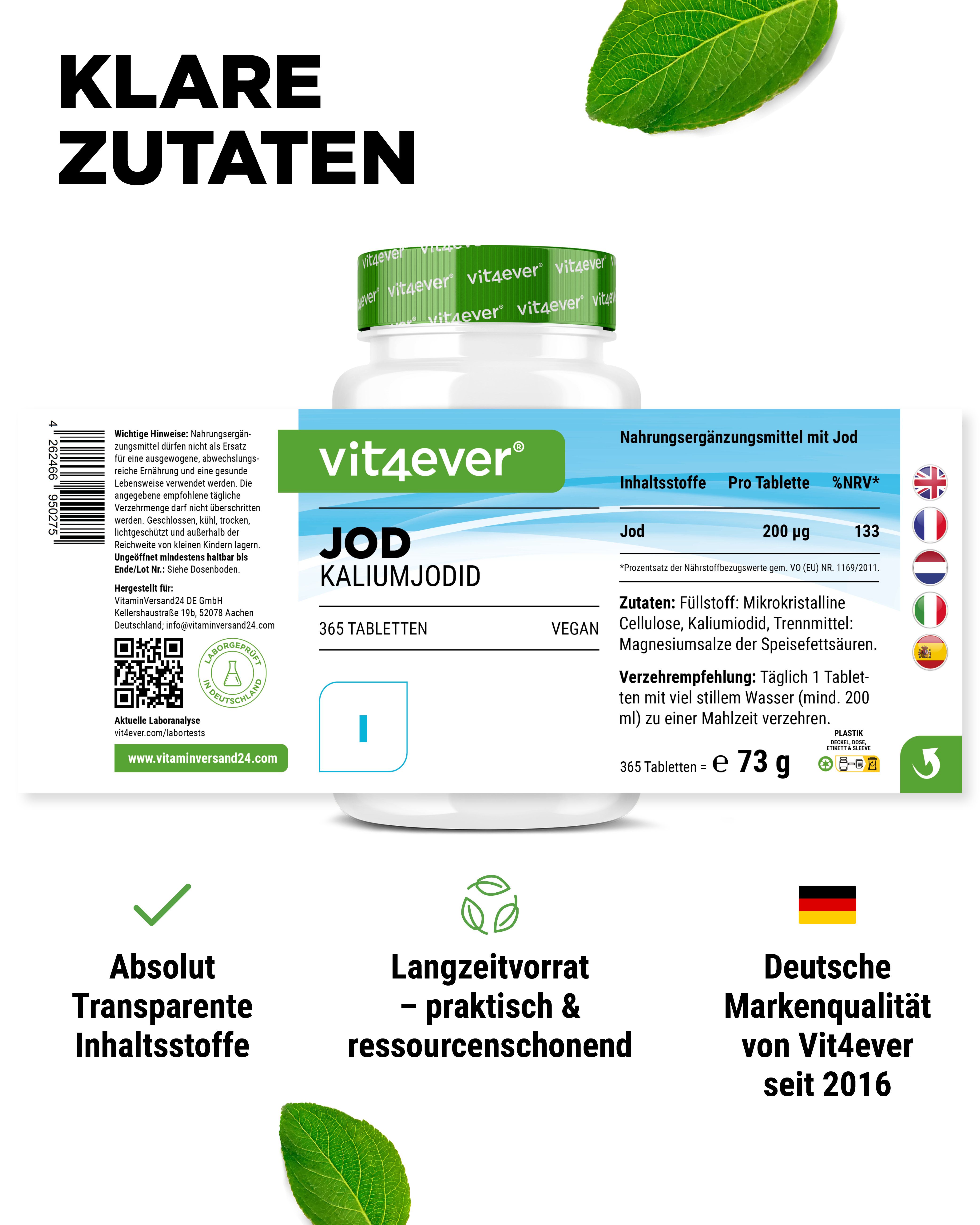 Weiße Flasche mit grünem Deckel, Aufschrift "vit4ever Jod Kaliumjodid". Enthält 365 Tabletten. Vegan. Rückseite mit Informationen.