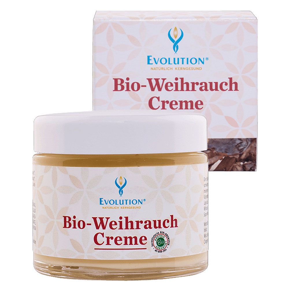 Creme-Glas mit weißem Deckel und Karton. Aufschrift: Bio-Weihrauch Creme. Logo: Evolution.
