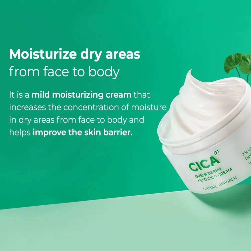 Weißer Tiegel mit grüner Aufschrift CICA, Green Derma Mild Cica Cream. Creme auf grünem Hintergrund. Text: Moisturize dry areas.