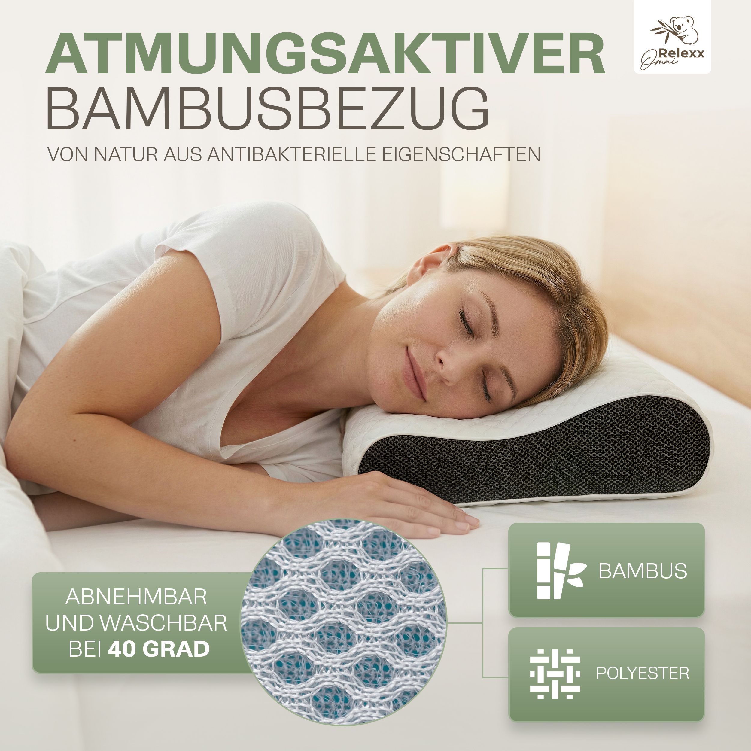Frau schläft auf Kissen. Text: Atmungsaktiver Bambusbezug. Merkmale: Abnehmbar, waschbar bei 40 Grad. Bambus- und Polyester-Symbole.