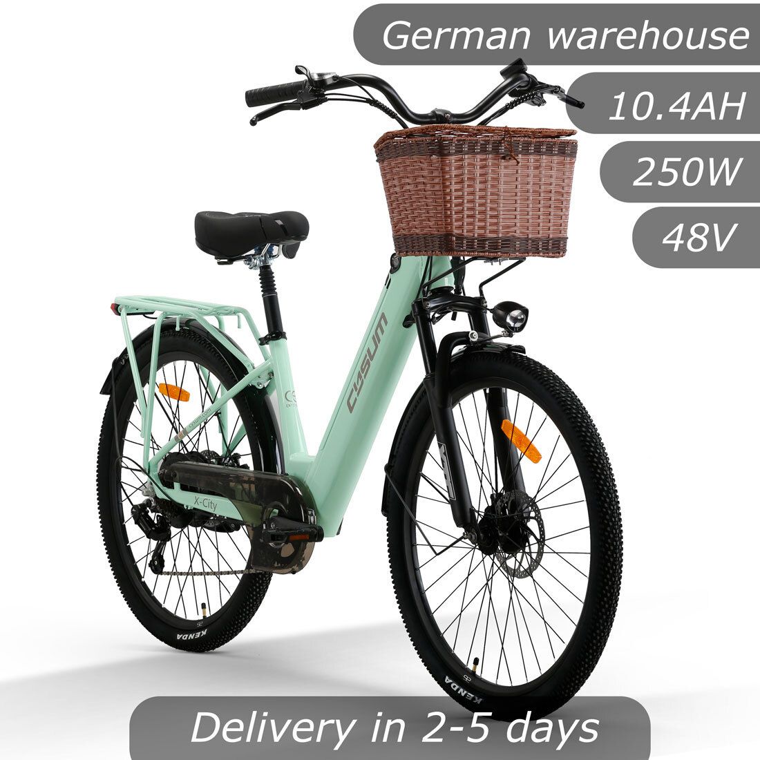 Hellgrünes Elektrofahrrad mit Korb. Text: 10.4AH, 250W, 48V. Text: Lieferung in 2-5 Tagen.