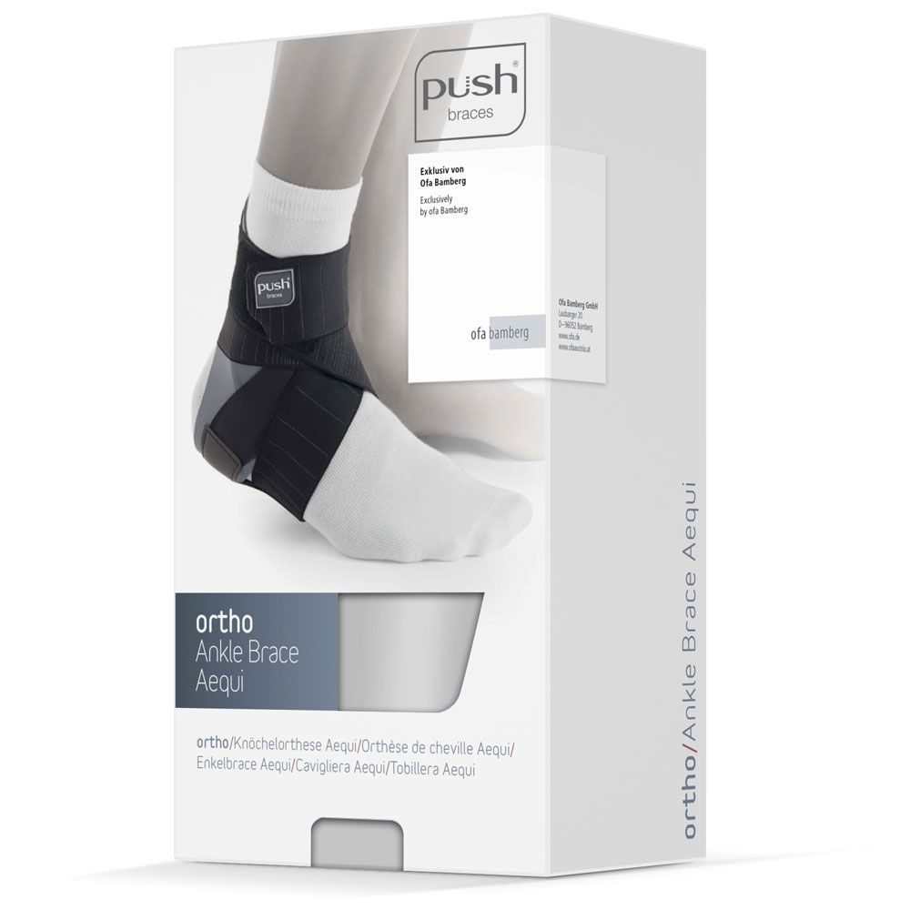 Verpackung der Knöchelorthese. Produktname: Ortho Ankle Brace Aequi. Marke Push, Logo Ofa.