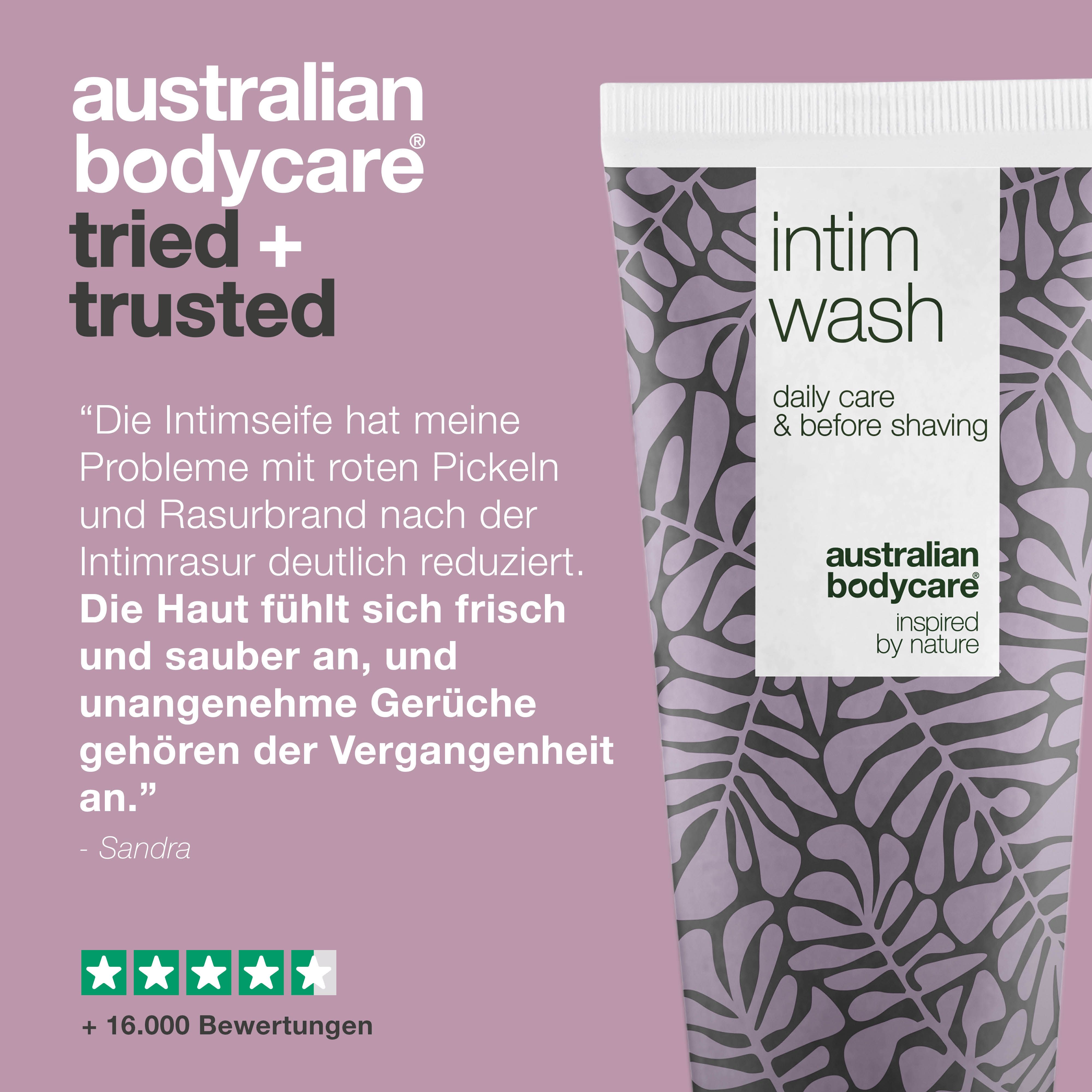 Testimonial. Aufschrift: Intim Wash. Marke: Australian Bodycare. Zitat: Sandra. 5 Sterne Bewertung. +16.000 Bewertungen.