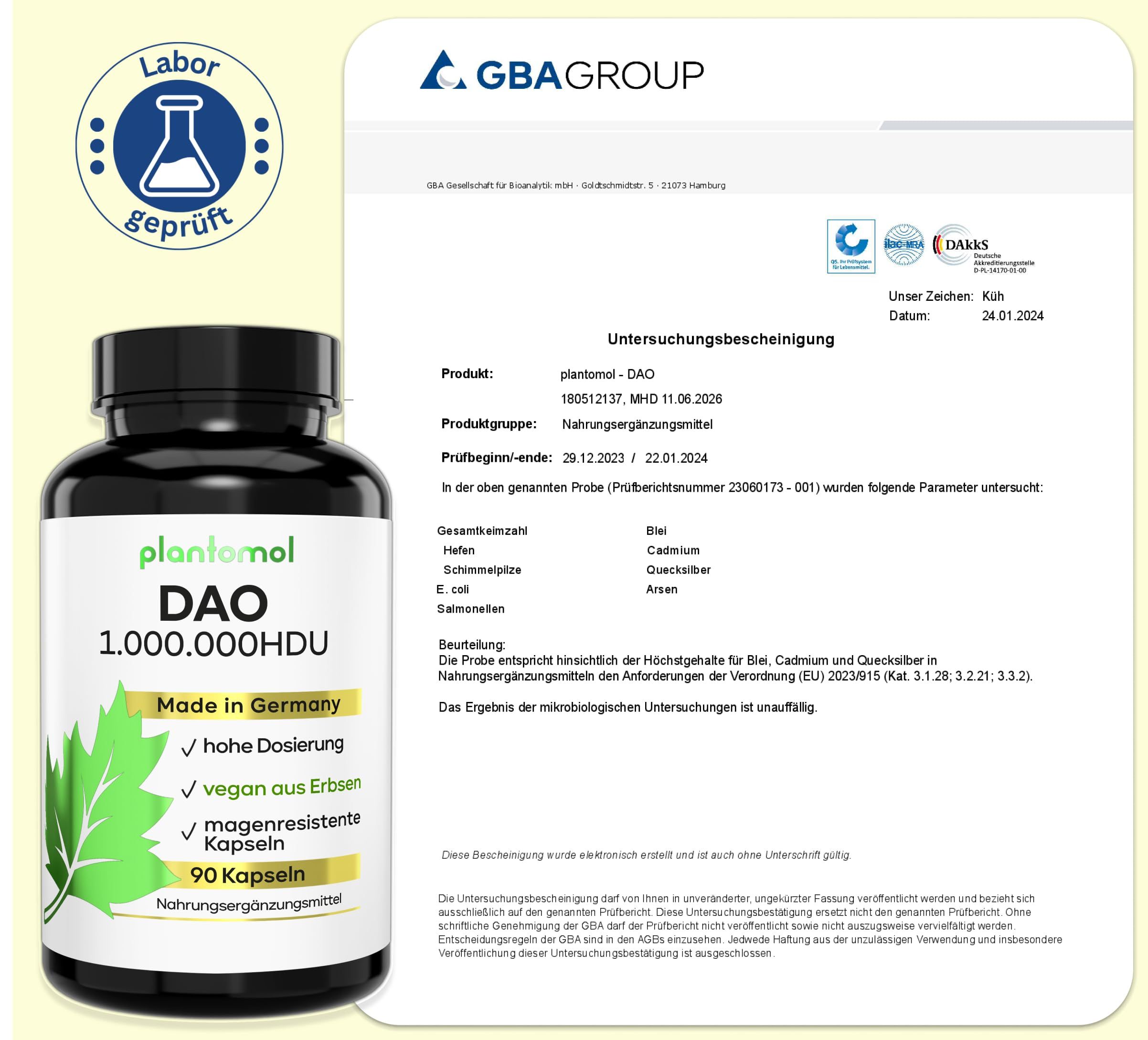 Produktflasche mit Etikett und Laborbericht. Etikett: plantomol DAO 1.000.000 HDU, vegan aus Erbsen, 90 Kapseln. Labor geprüft. GBA GROUP.