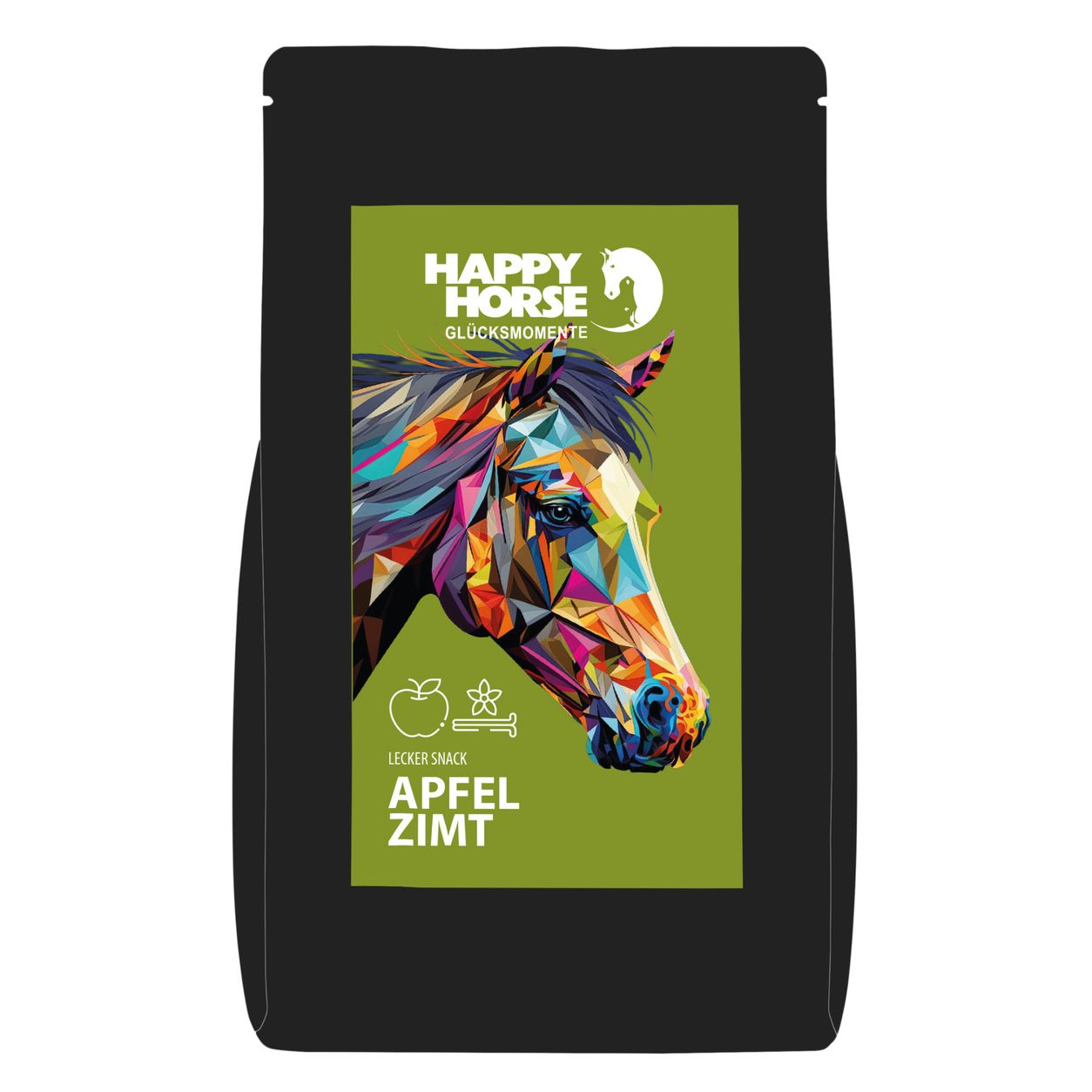 Happy Horse Lecker Snack Apfel Zimt in schwarzer Verpackung mit bunter Pferdekopf-Illustration und Apfel-Zimt-Symbolen.