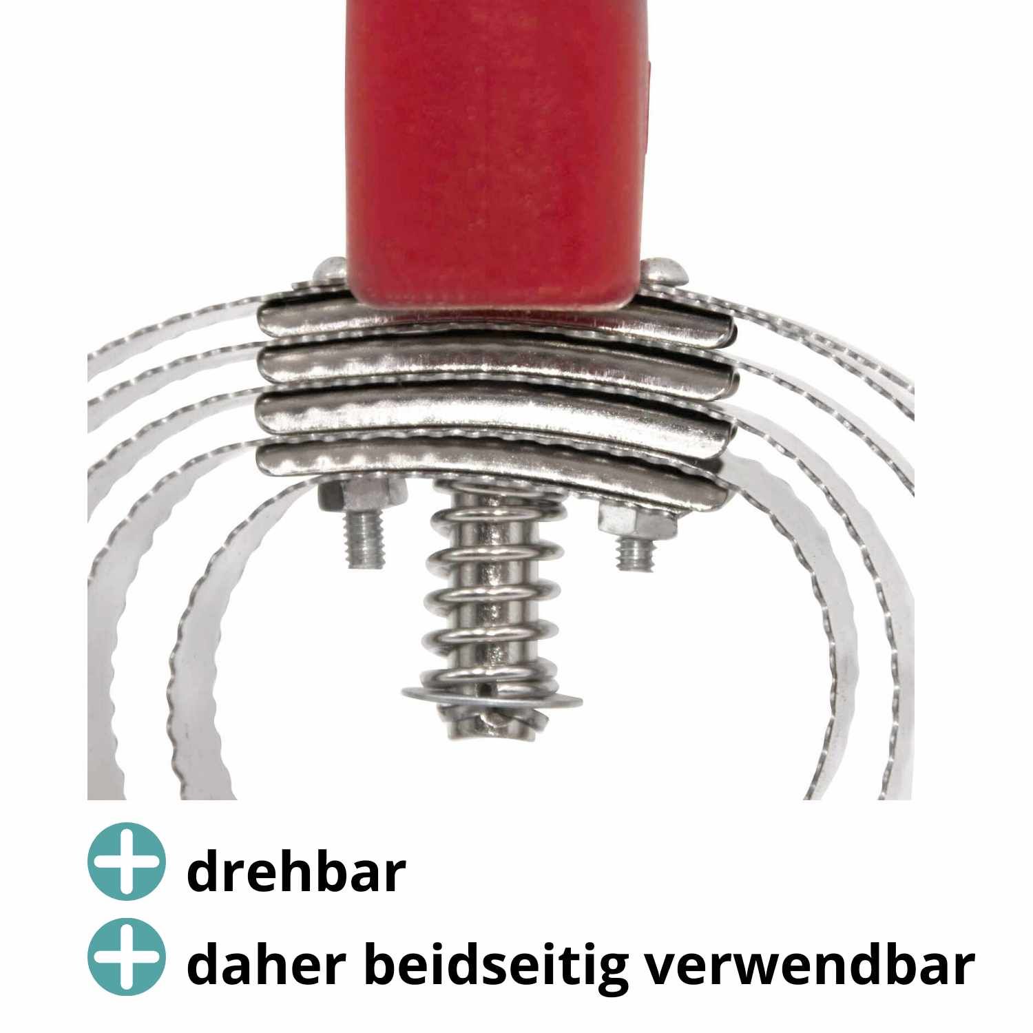 Detail Federstriegel. Metallzähne mit Schrauben verbunden. Text: drehbar, daher beidseitig verwendbar.