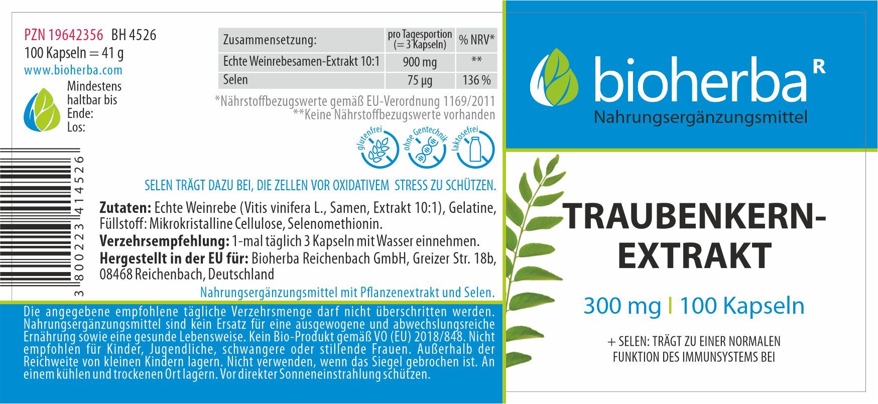 Rückseite der Bioherba Traubenkernextrakt Kapseln Verpackung mit Zutaten und Dosierung.