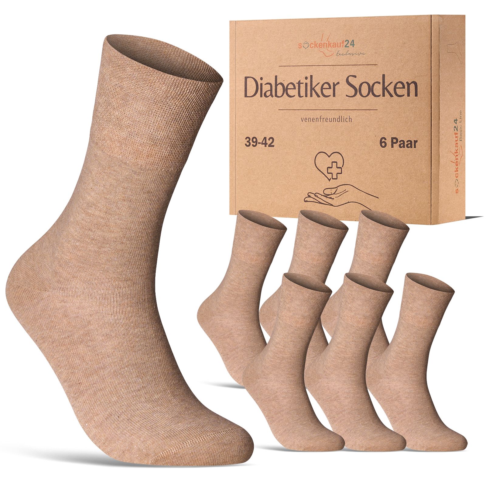 Beige Socken und eine Box mit Aufdruck: Diabetiker Socken, 39-42, 6 Paar.