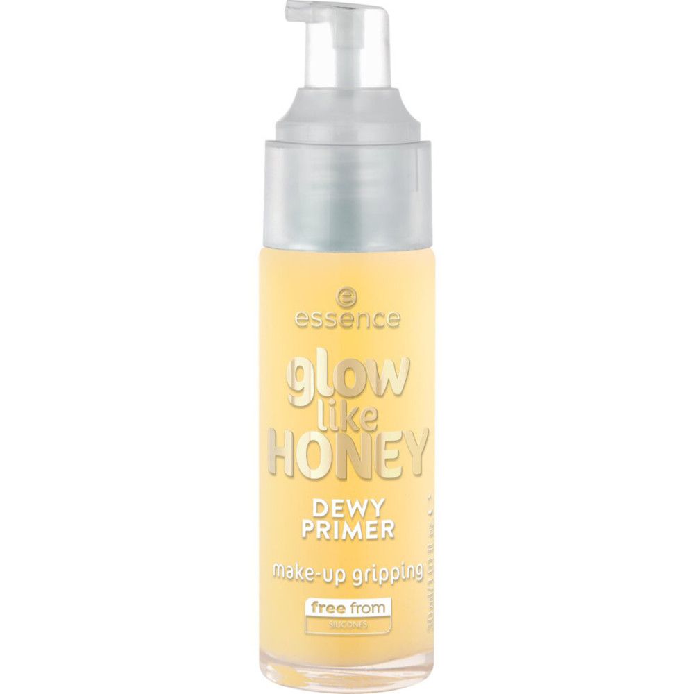 Gelbe Flasche mit Pumpe. Aufschrift: glow like HONEY, DEWY PRIMER, make-up gripping, free from.