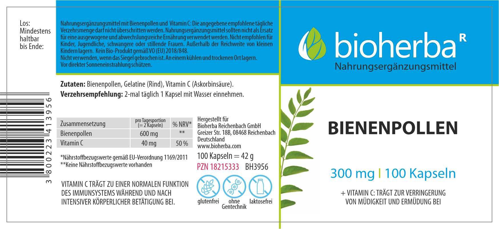 Etikett mit Produktinformationen. Text: Bioherba Bienenpollen, 300 mg, 100 Kapseln. Zutaten, Verzehrempfehlung, Nährwertangaben.