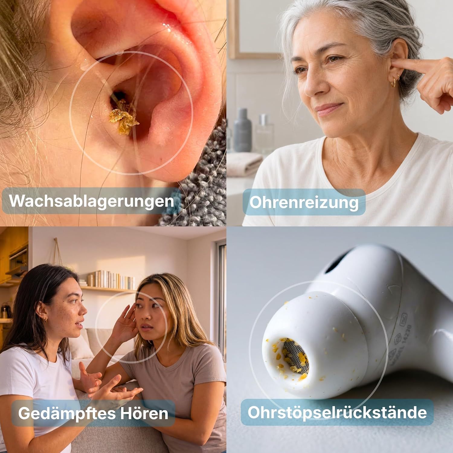 Ohrspülset von Medi Grade mit 300-ml-Flasche, flexibler Düse, Quad-Stream-Spitze, Dreiecksspitze und Waschbecken.