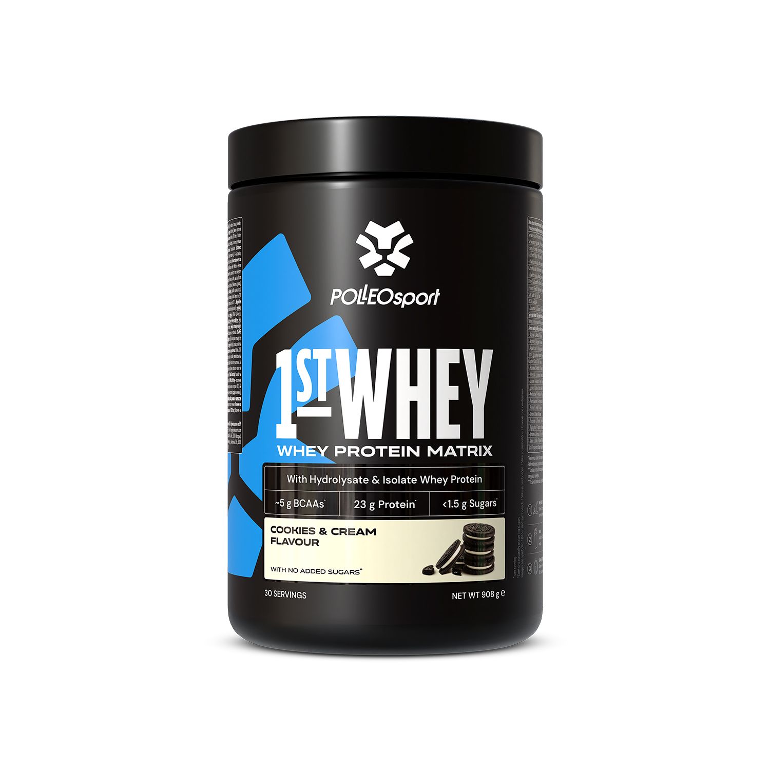 Schwarze Dose mit "1ST:WHEY"-Aufdruck. Enthält 23g Protein, 5g BCAA und weniger als 1,5g Zucker. Geschmack: Cookies & Cream. 30 Portionen.