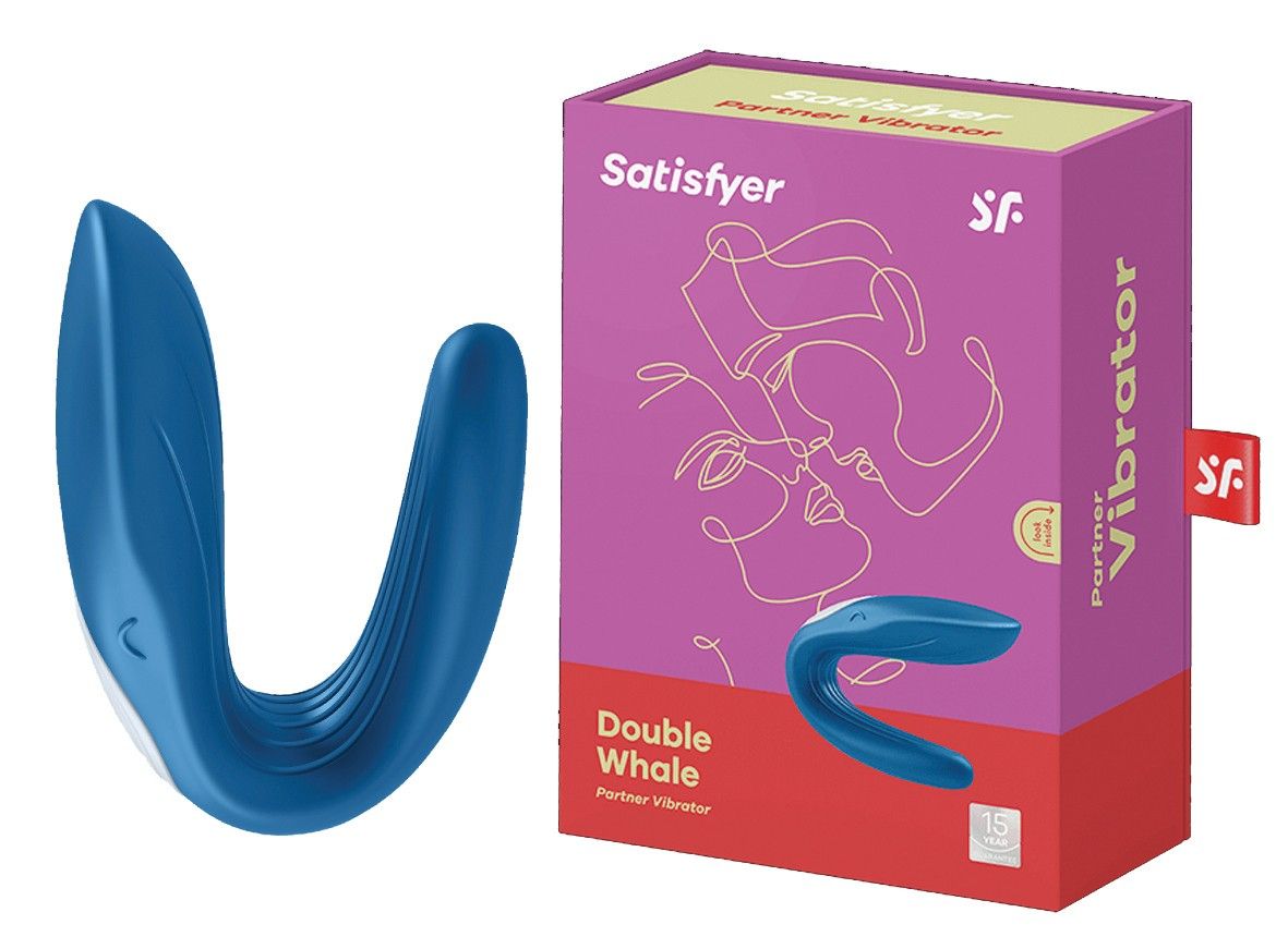 Produkt und Verpackung. Verpackung: Lila und Rosa, Aufschrift: Satisfyer, Double Whale, Partner Vibrator.
