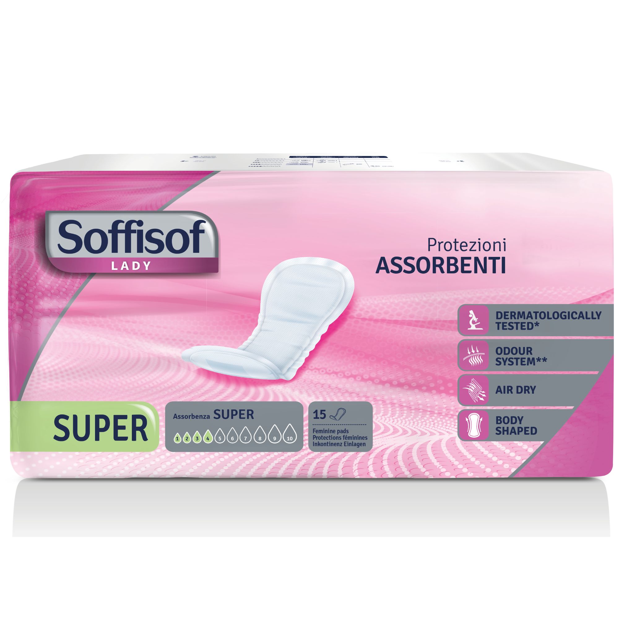 Verpackung von Soffisof Lady Super Inkontinenzeinlagen. Rosa Hintergrund, Produktabbildung, Text: SUPER, 15 Stück.