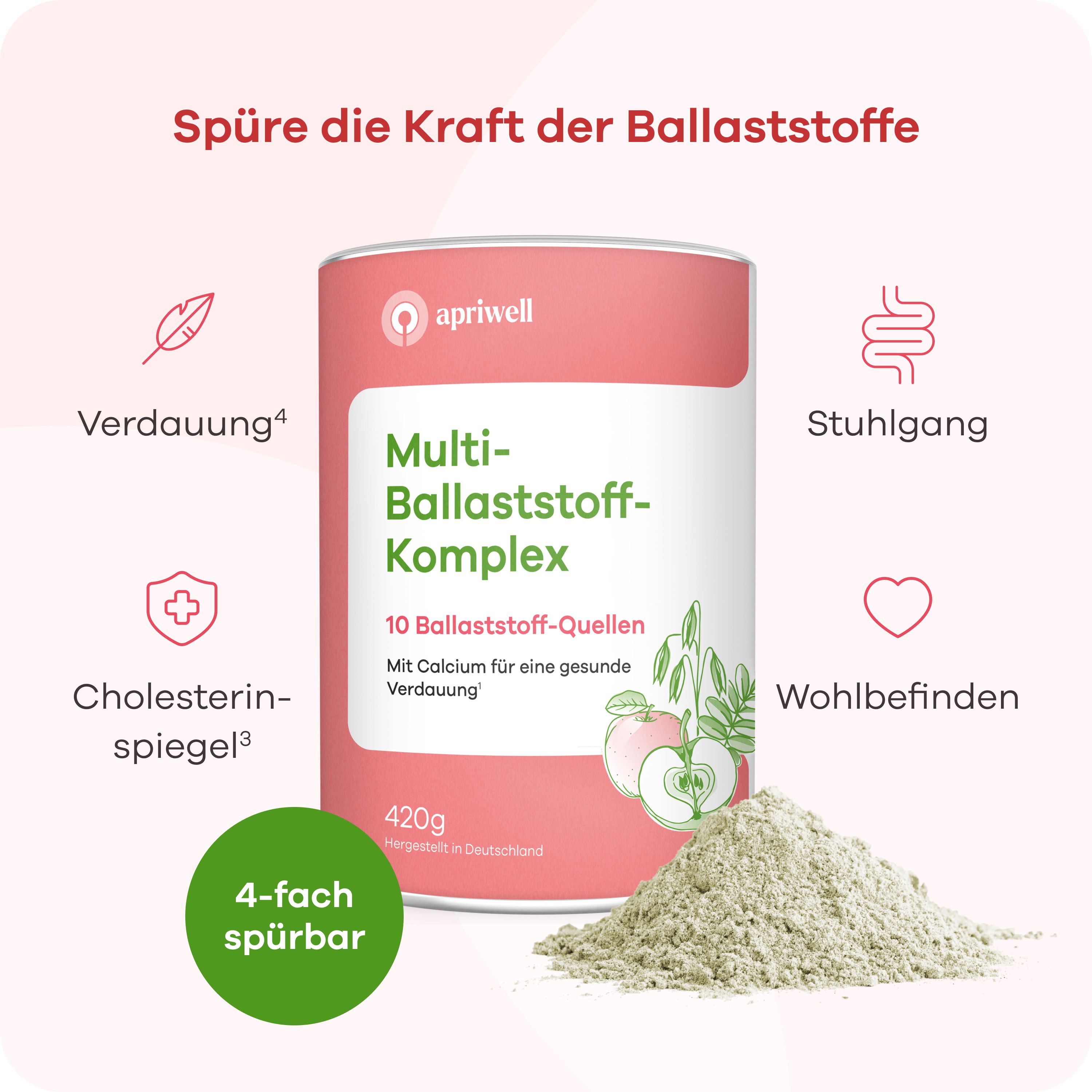 Dose Apriwell Multi-Ballaststoff-Komplex, 420g. Text: 10 Ballaststoff-Quellen. Mit Calcium für gesunde Verdauung. 4-fach spürbar.