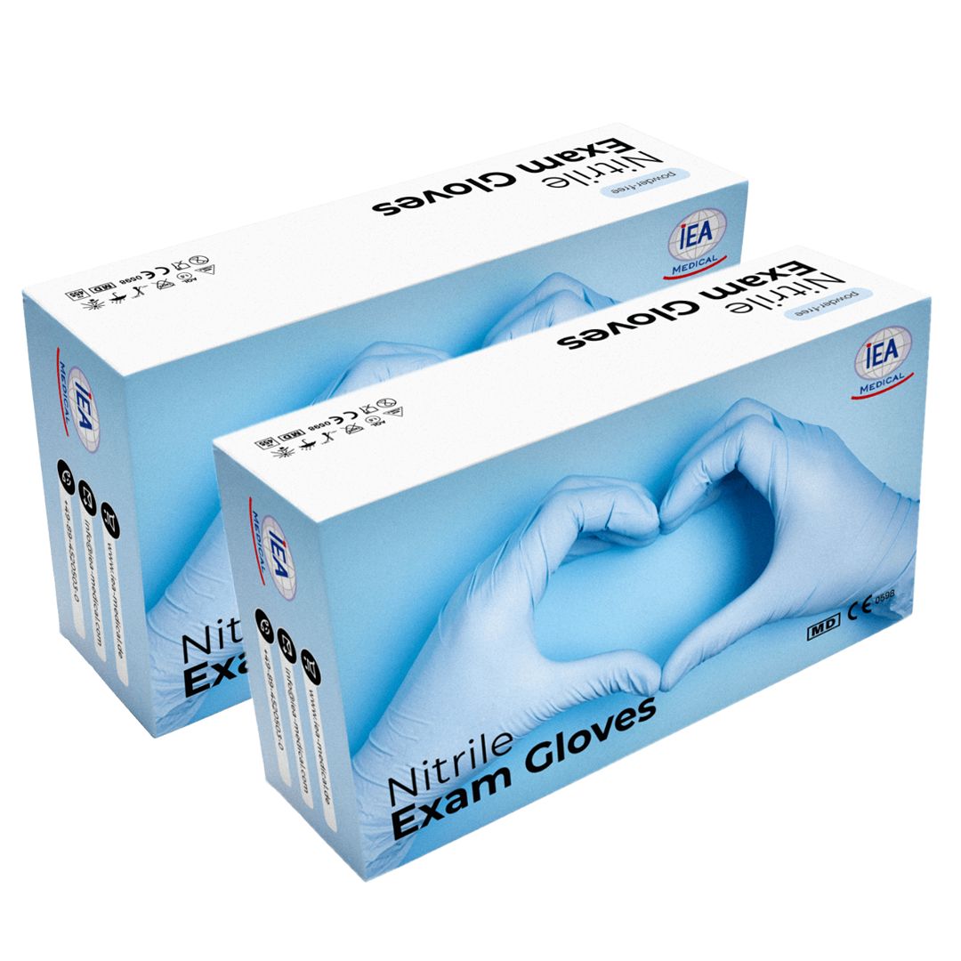 Zwei Kartons IEA Medical Nitrilhandschuhe blau M. Aufdruck: Nitrile Exam Gloves. CE-Kennzeichnung.