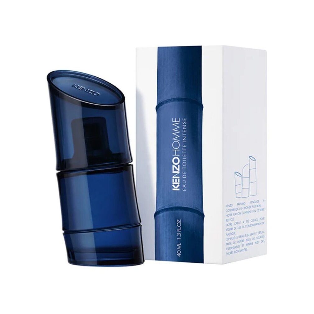 Kenzo Homme Intense Eau de Toilette. Blaue Flasche und Verpackung. 40 ml. Bambus-Design.