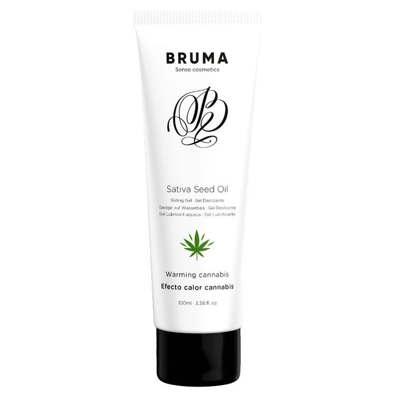 Bruma Sativa Seed Oil Gleitgel in weißer Tube mit schwarzem Verschluss. Cannabisblatt-Symbol.