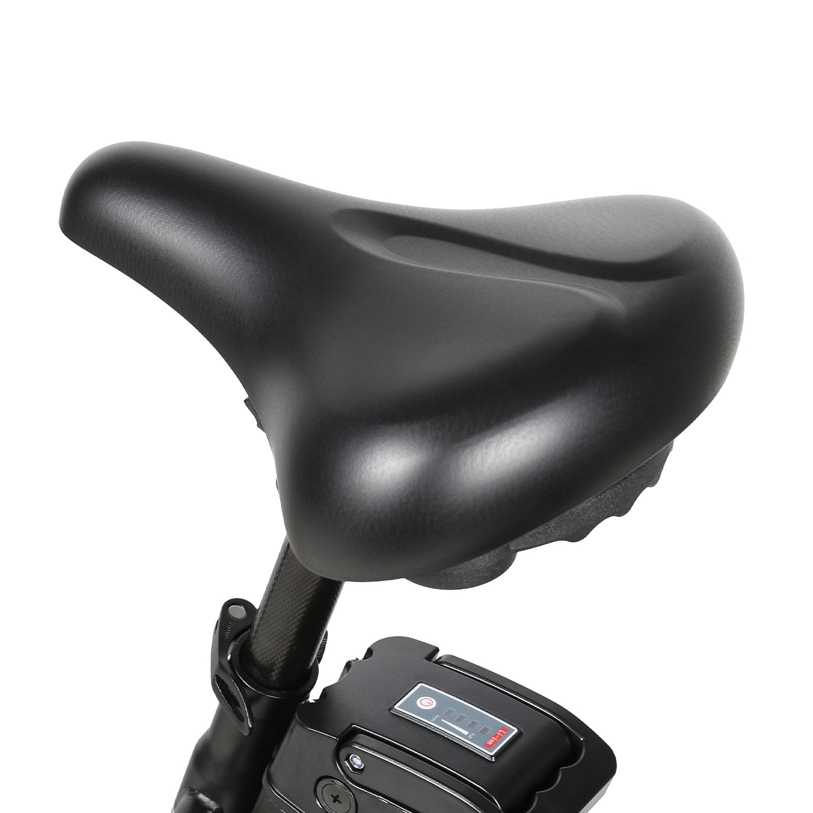 Schwarzer Fahrradsattel. Der Sattel ist auf einem schwarzen Gestell montiert. Akku ist sichtbar.