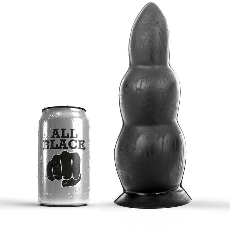 Schwarzer Buttplug neben einer Dose mit der Aufschrift 'ALL BLACK' und Faust-Symbol.