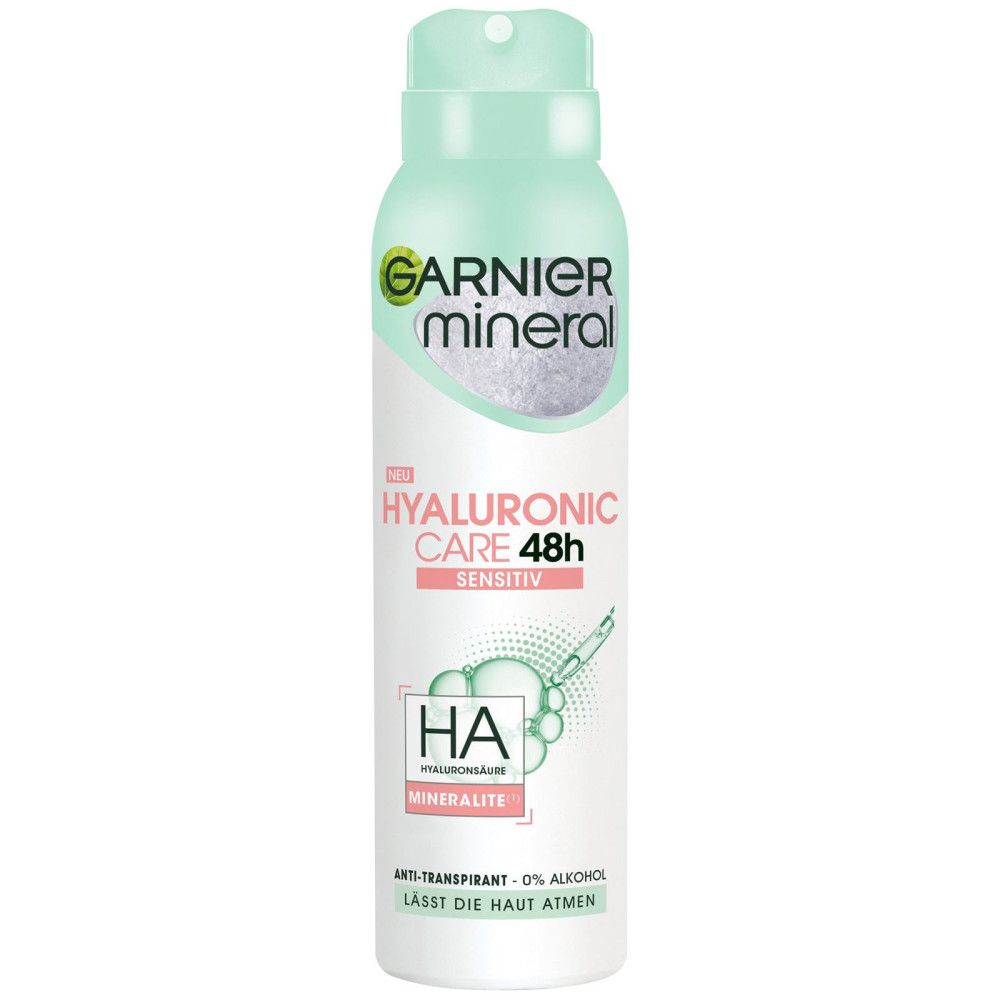Deo-Spray von Garnier Mineral. Weiß-grüne Flasche mit Sprühkopf. Schriftzüge: Hyaluronic Care 48h, Sensitiv, Mineralite.