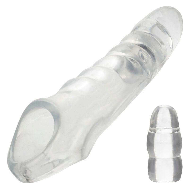 Transparente Penisverlängerung mit geriffelter Oberfläche und Ring. Enthält eine Manschette. Aus transparentem Material.