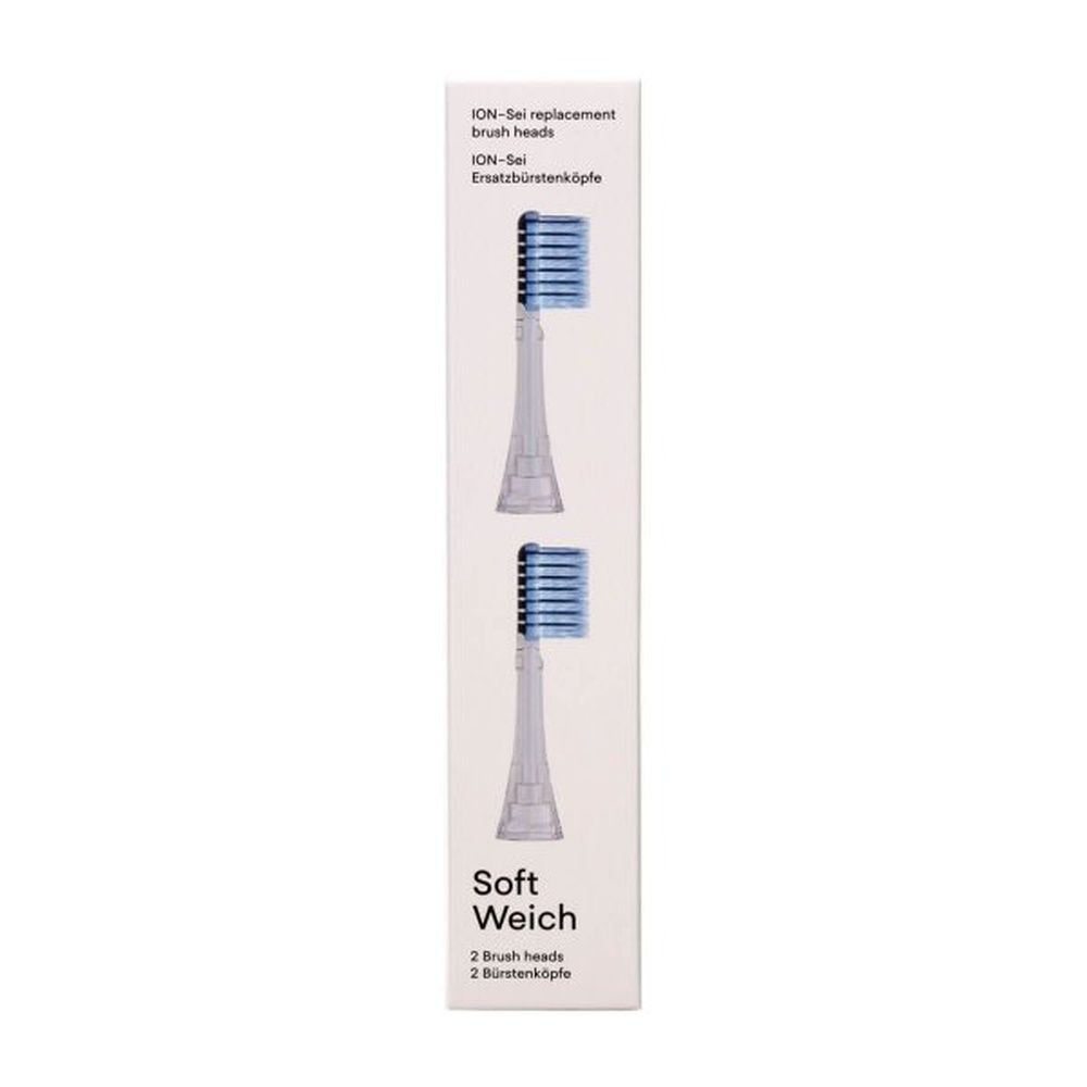 Verpackung mit zwei Ersatzbürstenköpfen. Text: ION-Sei Ersatzbürstenköpfe Soft Doppelpack.
