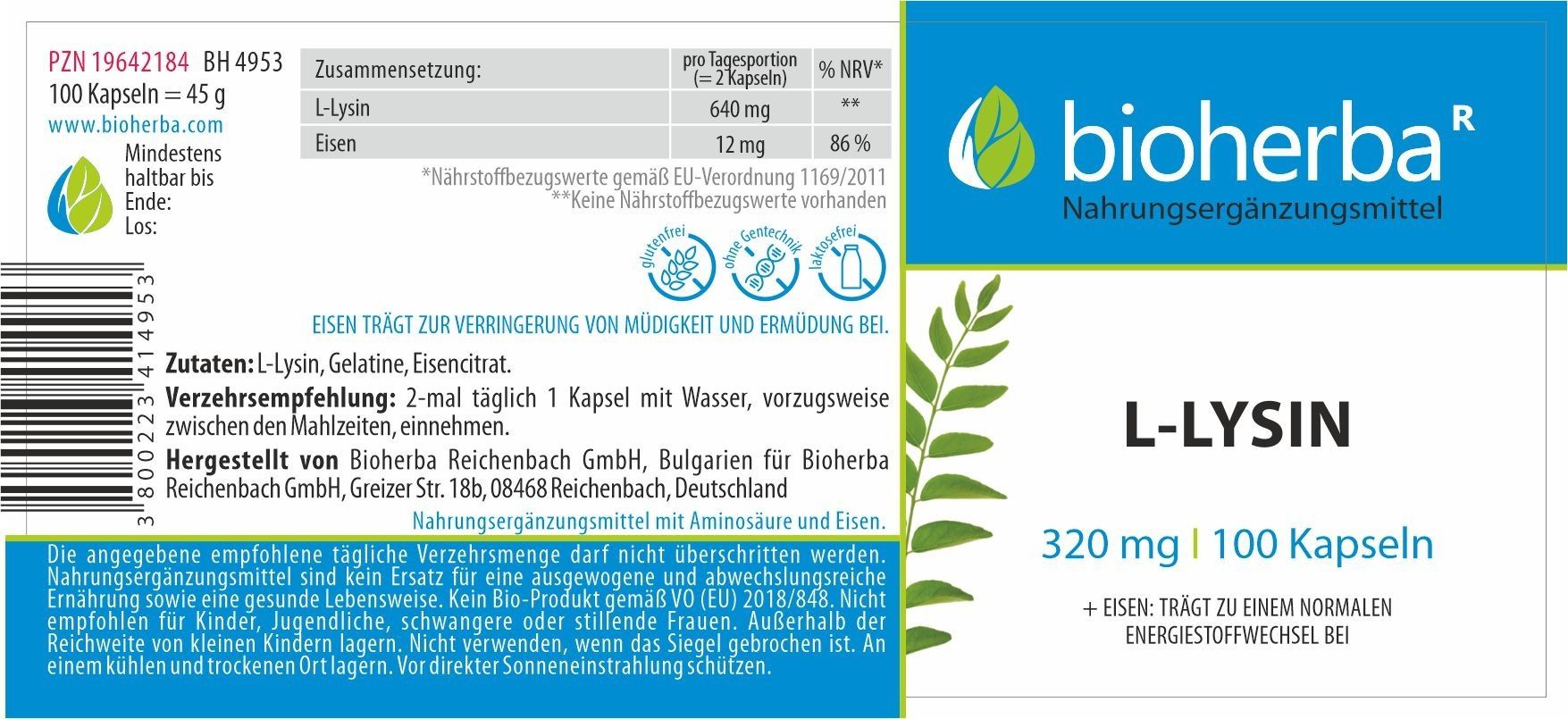 Etikett mit Produktinformationen. Enthält L-Lysin und Eisen. Marke: Bioherba. 100 Kapseln. Nährwertangaben.